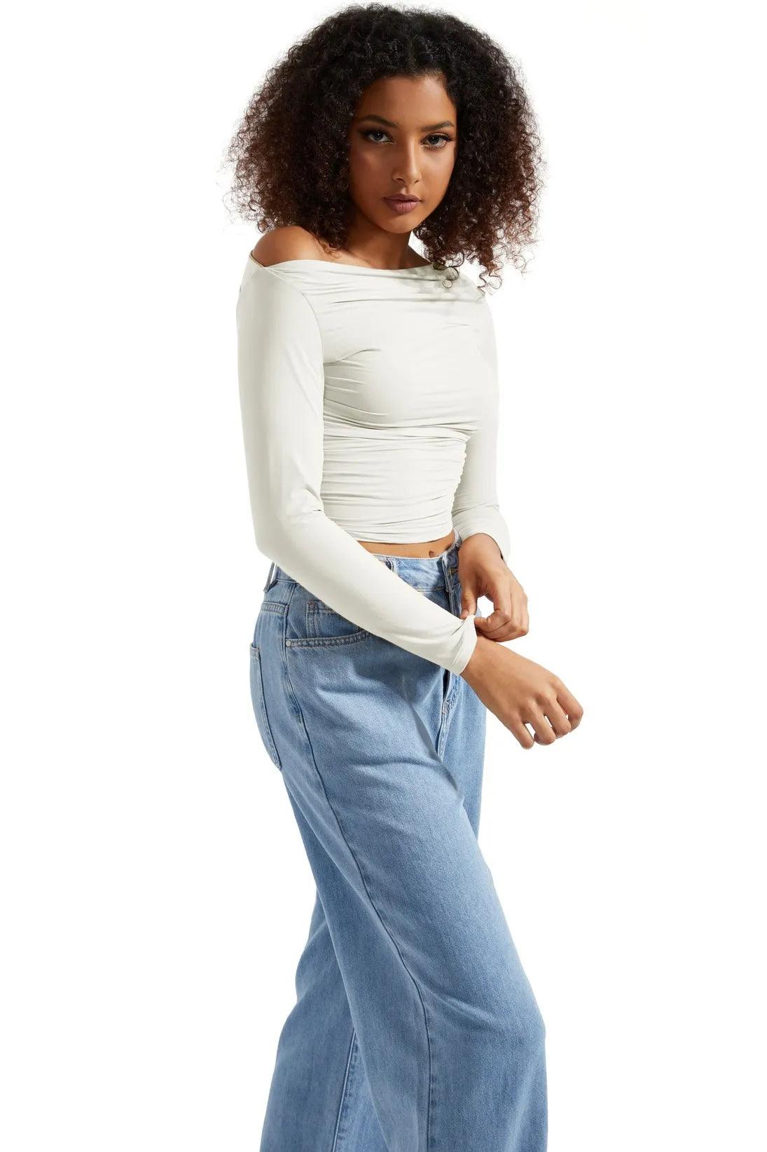 Buttery Soft Ruched Off Shoulder Shirt - Long Sleeve - Image 30