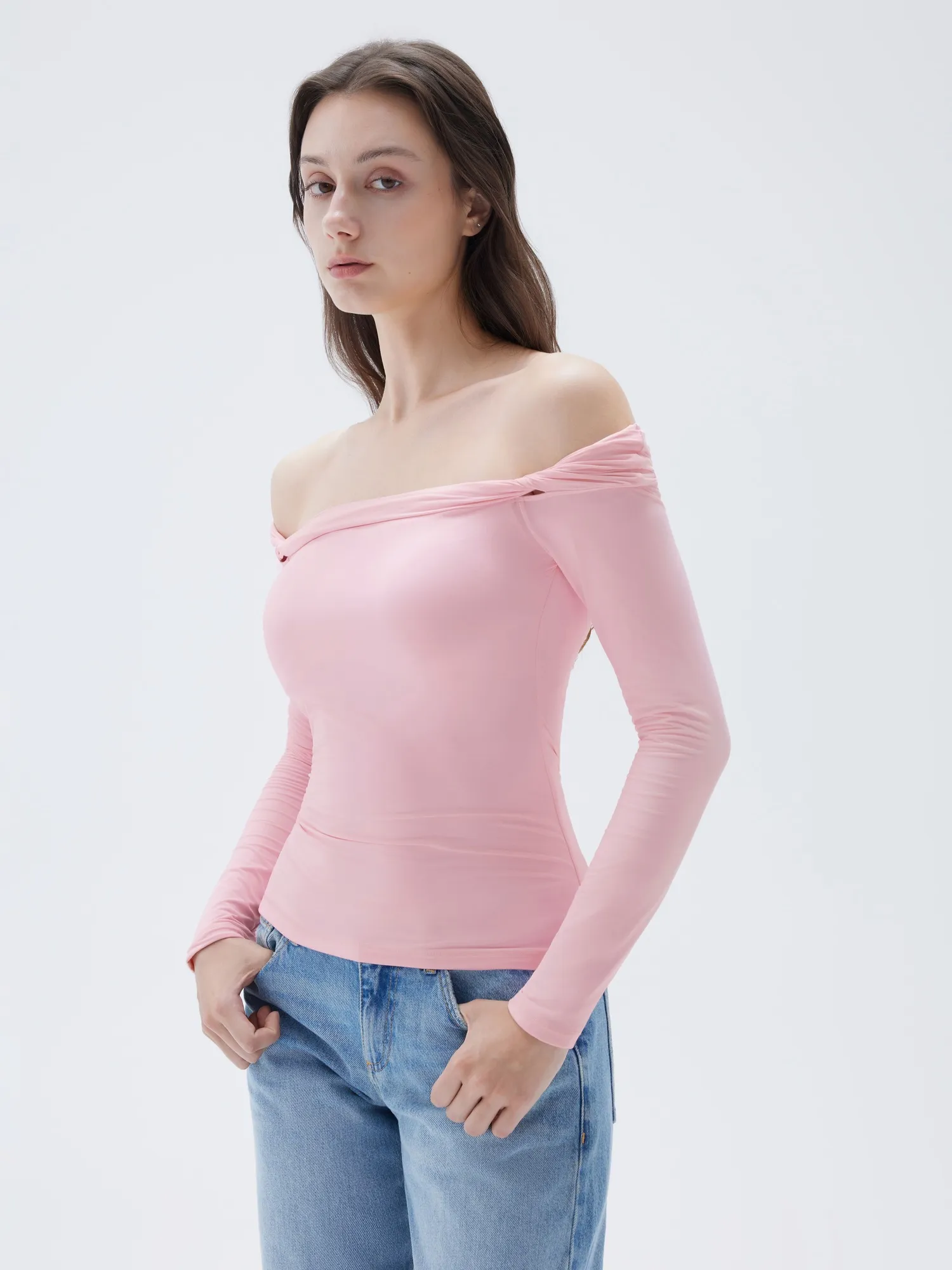Buttery Soft Padded Off Shoulder Shirt - Long Sleeve - Image 2