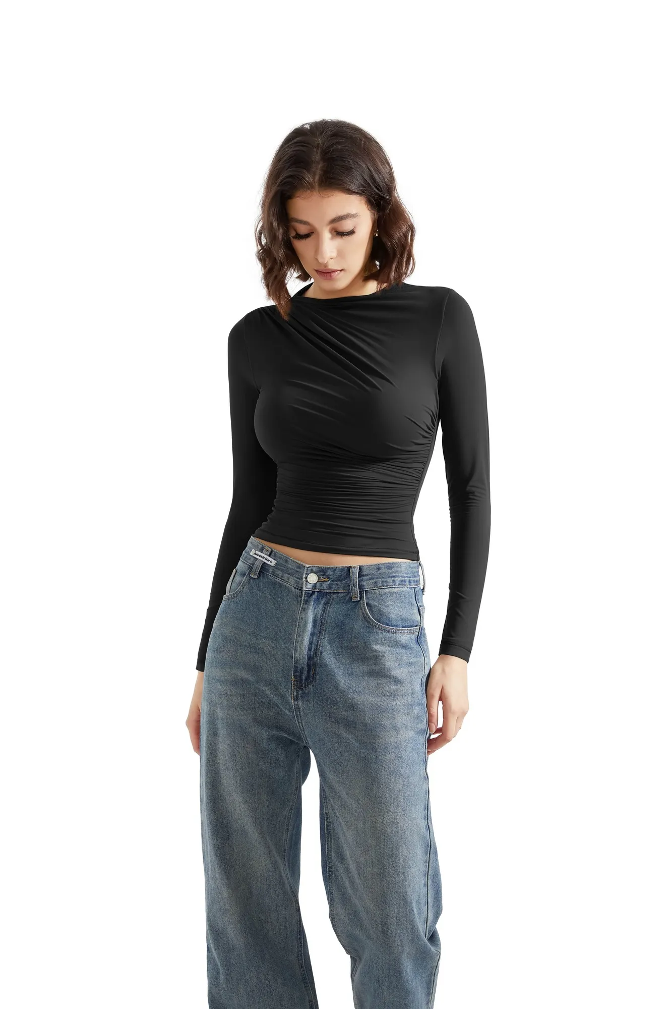 Buttery Soft Ruched Neck Shirt - Long Sleeve - Image 3