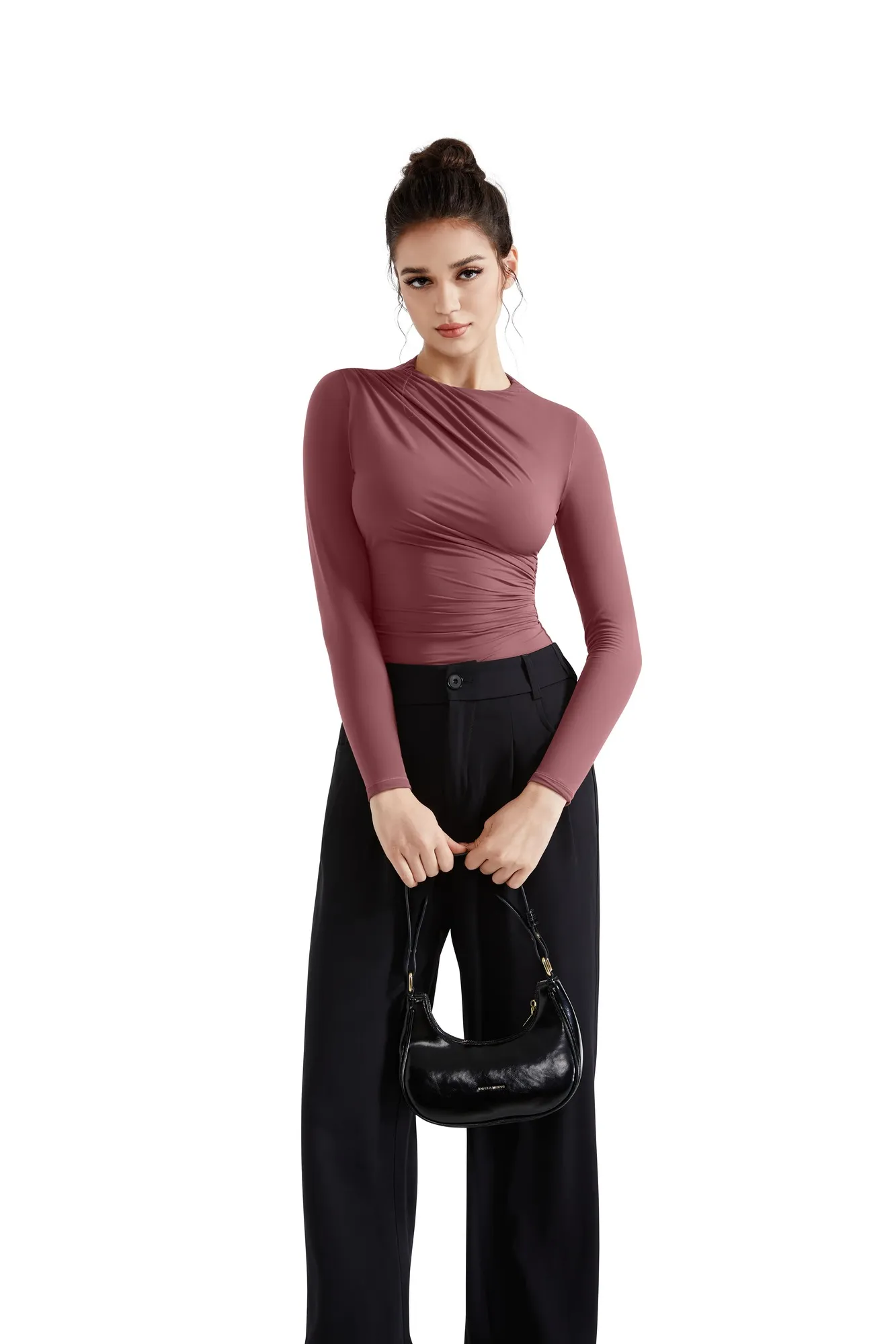 Buttery Soft Ruched Neck Shirt - Long Sleeve - Image 44
