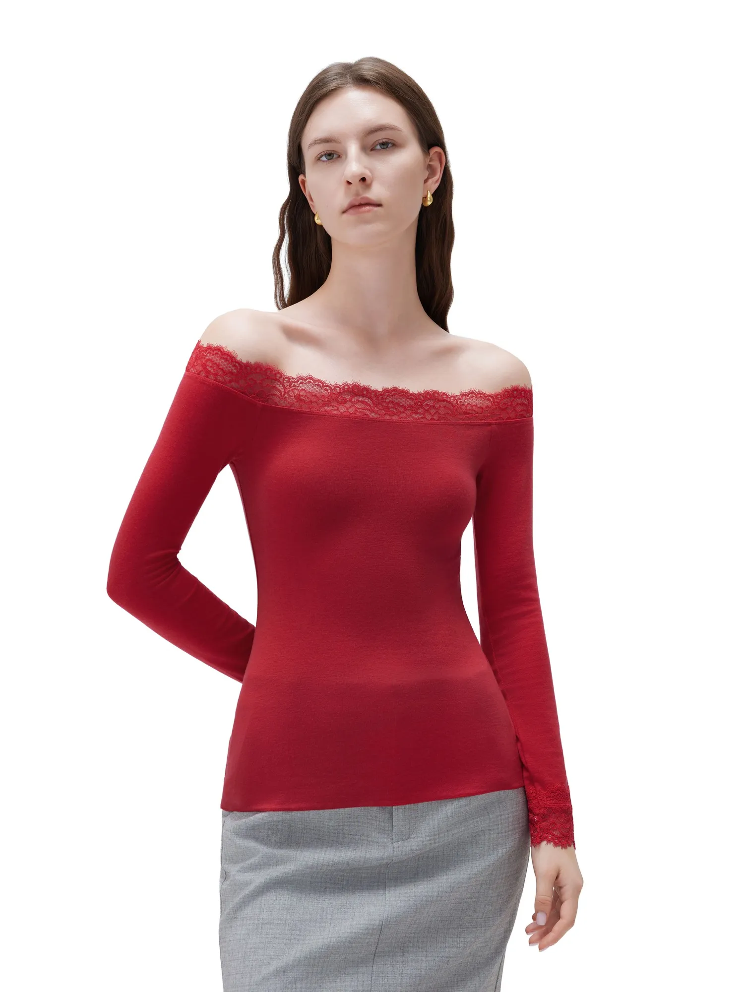 Cloud Cashmere Lace Off Shoulder Shirt - Long Sleeve - Image 23