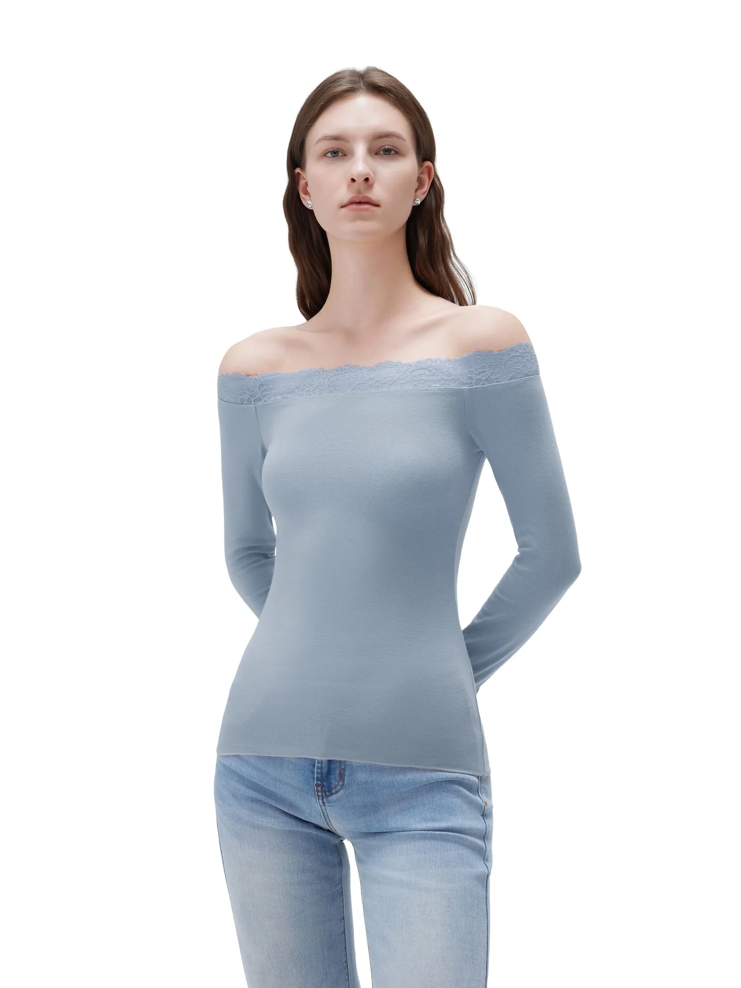 Cloud Cashmere Lace Off Shoulder Shirt - Long Sleeve - Image 34