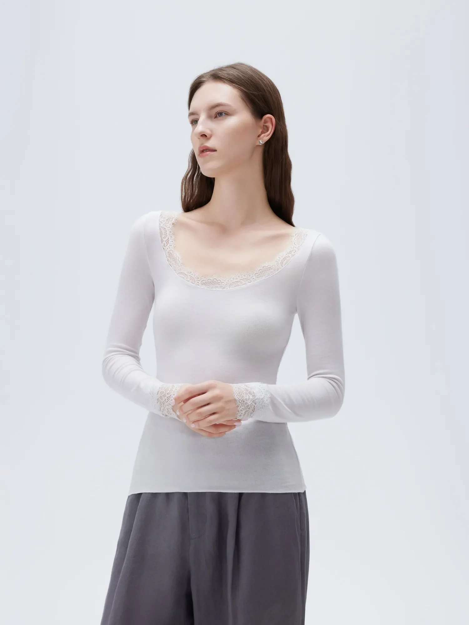 Cloud Cashmere Lace Scoop Neck Shirt - Long Sleeve - Image 13