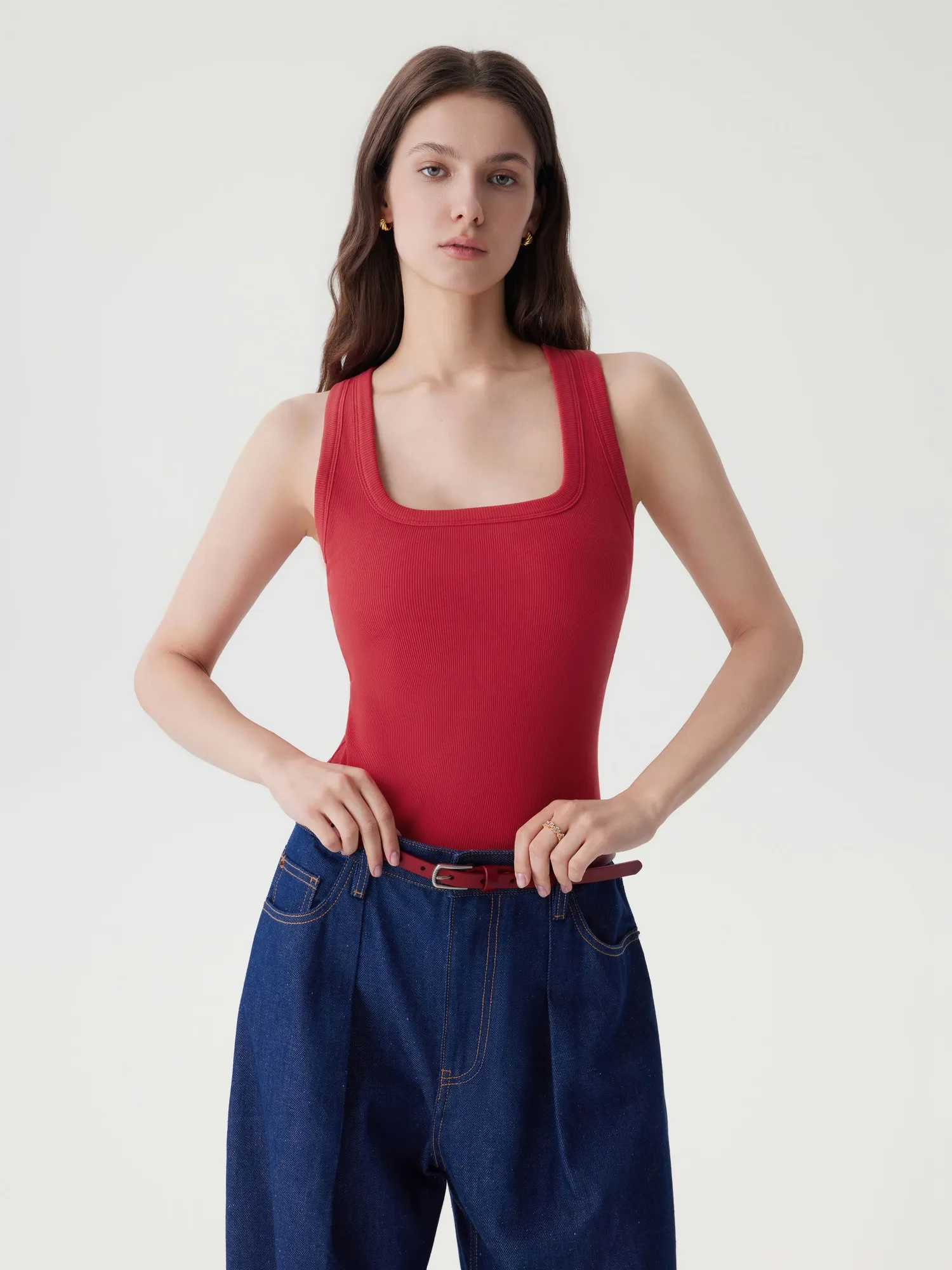 Cotton Ribbed Square Neck Tank Tops - Image 28