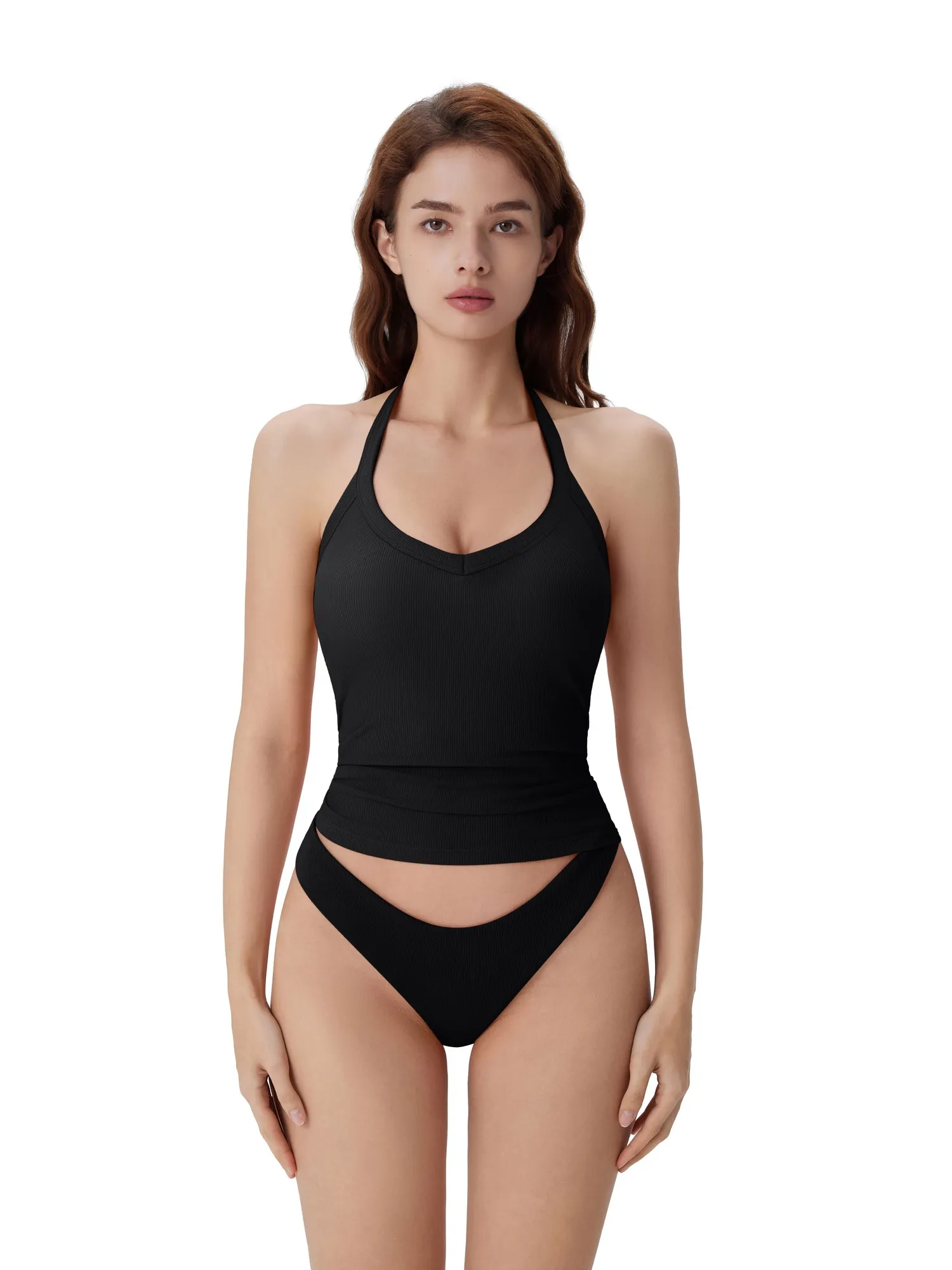 Cotton Ribbed V Neck Halter Tank Top - Image 19