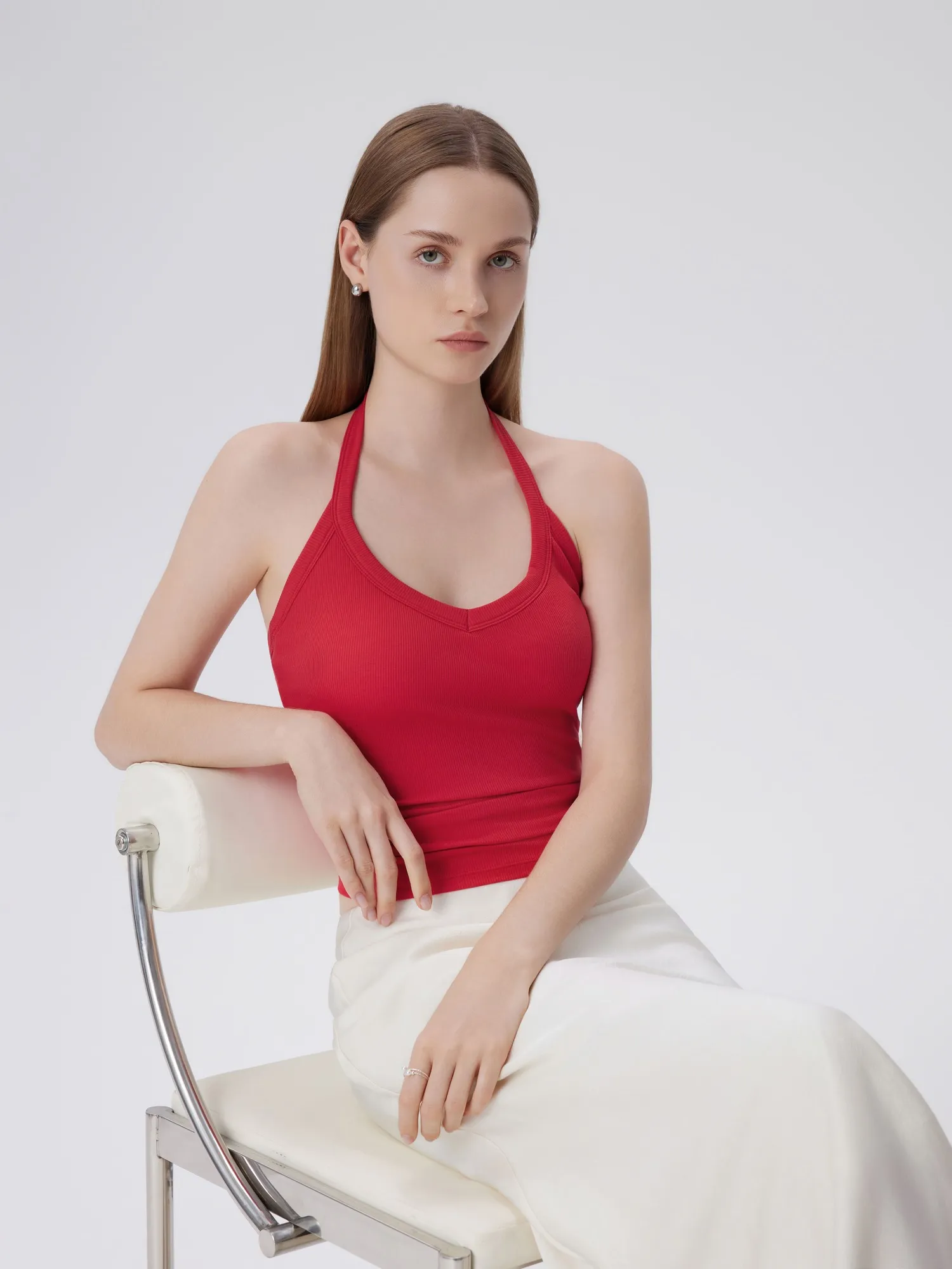 Cotton Ribbed V Neck Halter Tank Top - Image 40