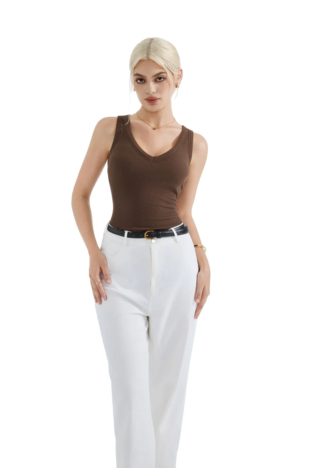 Cotton Ribbed V Neck Tank Top - Image 10