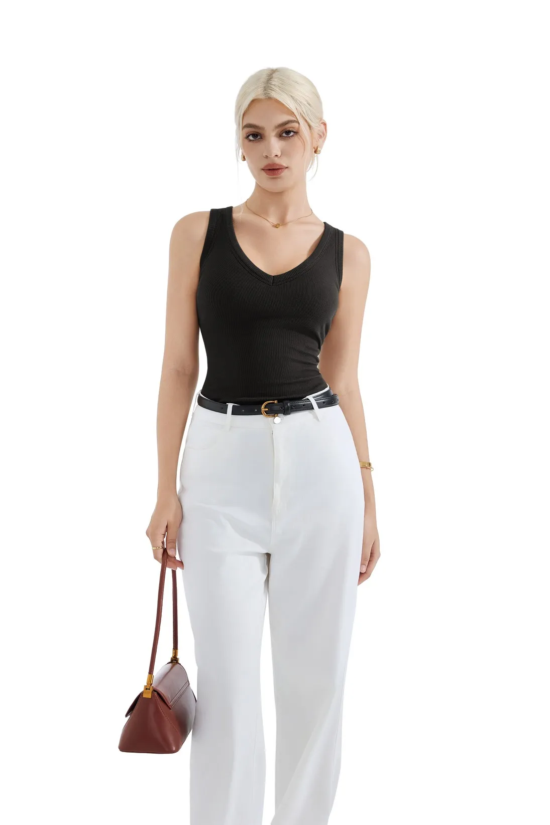 Cotton Ribbed V Neck Tank Top - Image 5