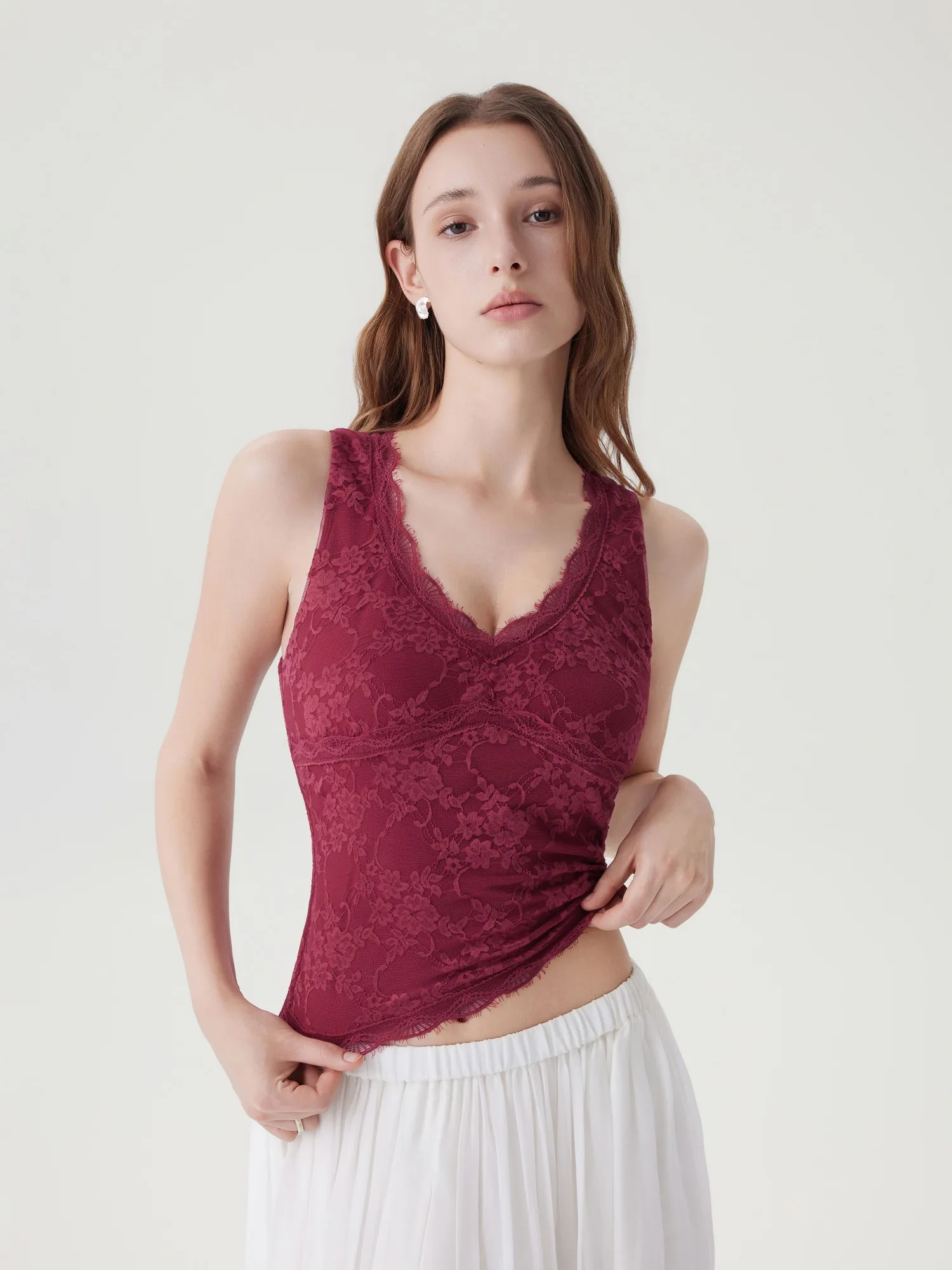 Lace Double Lined Lace V Neck Tank Top - Image 31