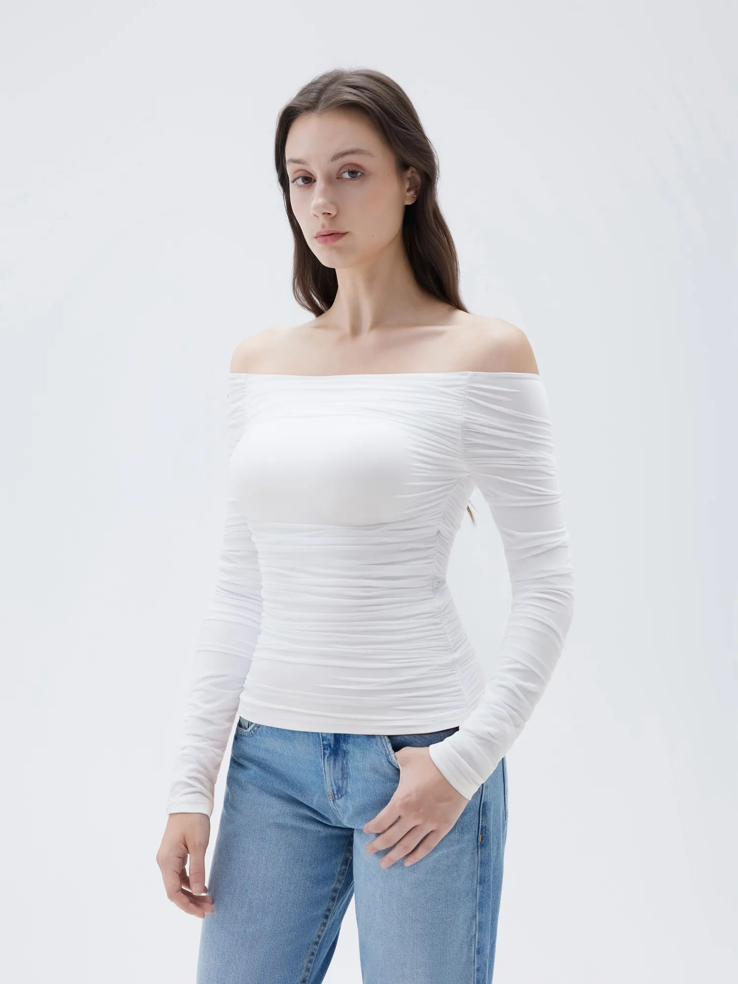 Mesh Padded Off Shoulder Shirt - Long Sleeve - Image 19