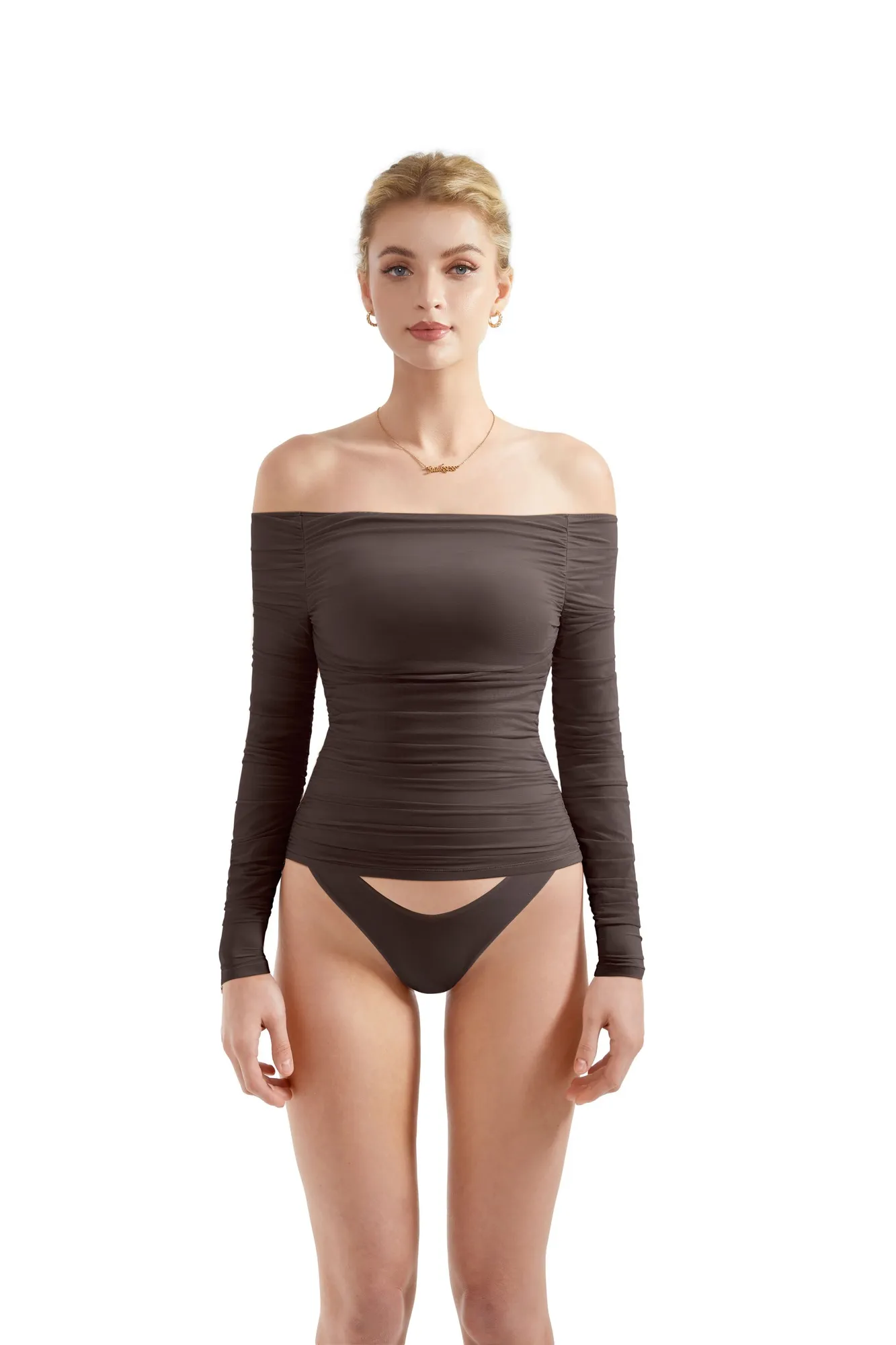 Mesh Padded Off Shoulder Shirt - Long Sleeve - Image 9