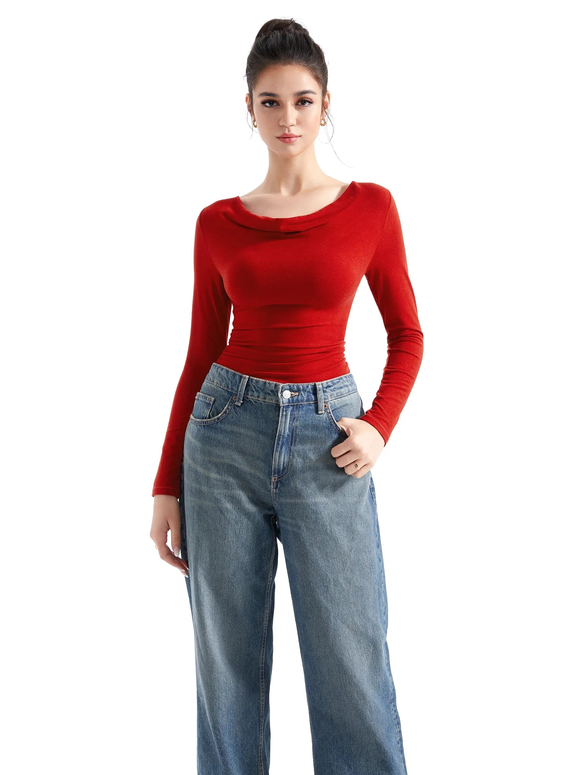 Off Shoulder Cowl Neck Shirt - Long Sleeve - Image 25