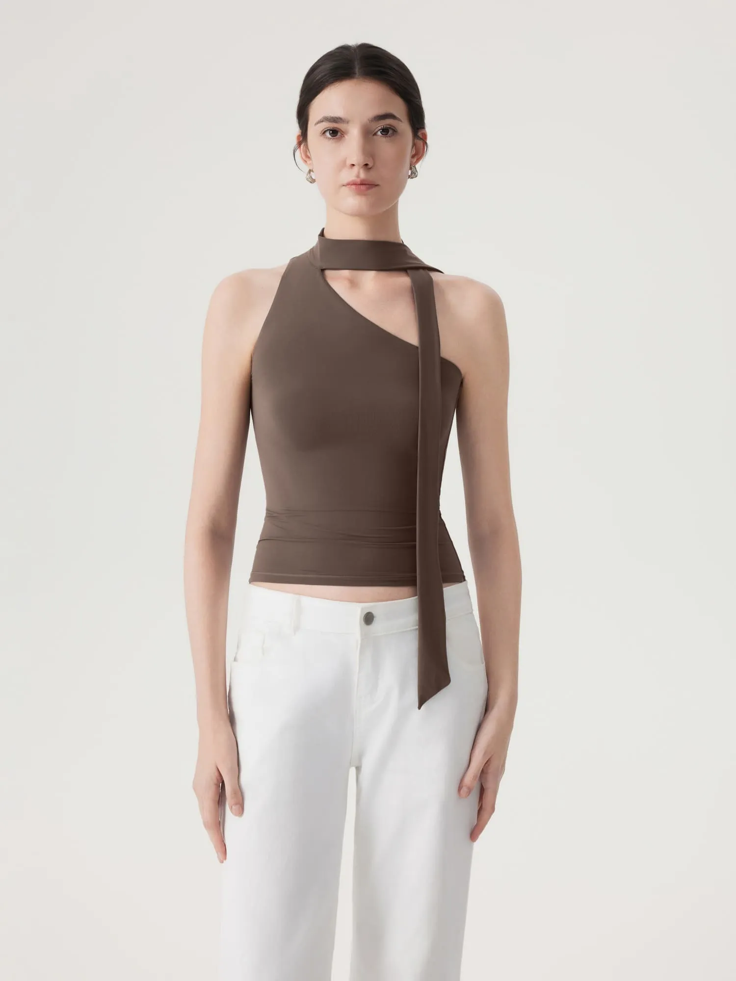 Off Shoulder Halter High Neck Tank Tops with Scarf - Image 13
