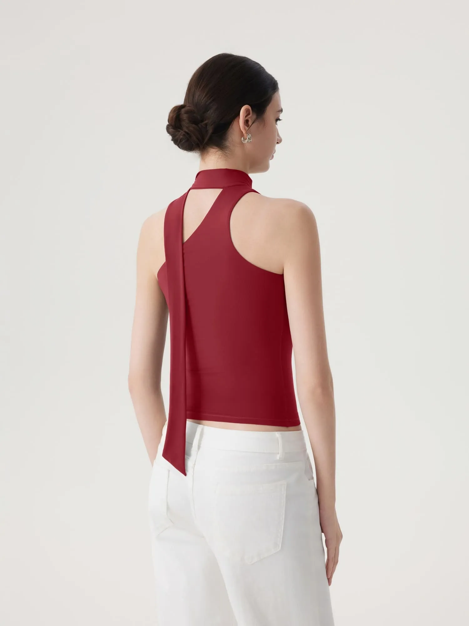 Off Shoulder Halter High Neck Tank Tops with Scarf - Image 24