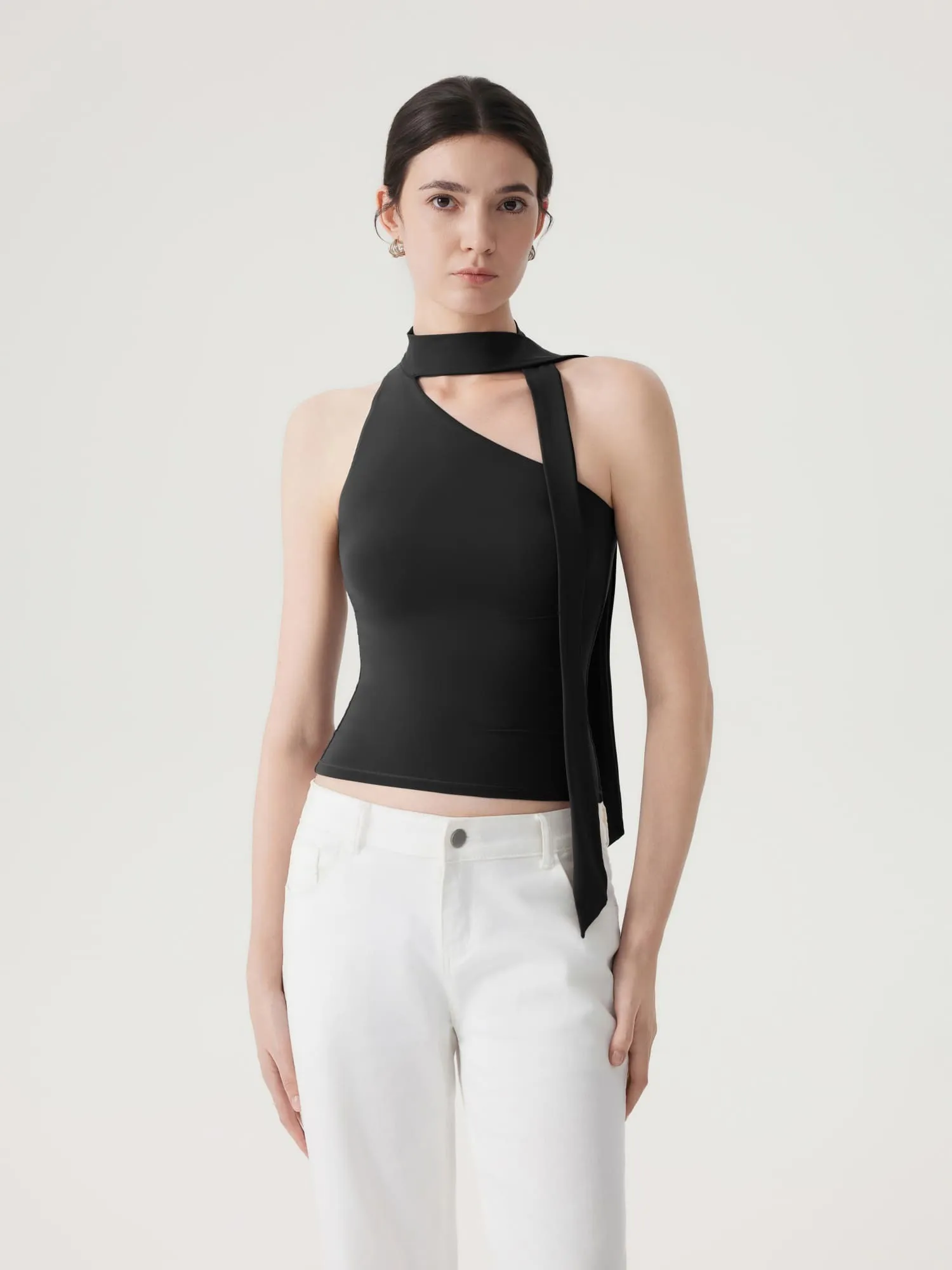 Off Shoulder Halter High Neck Tank Tops with Scarf - Image 9