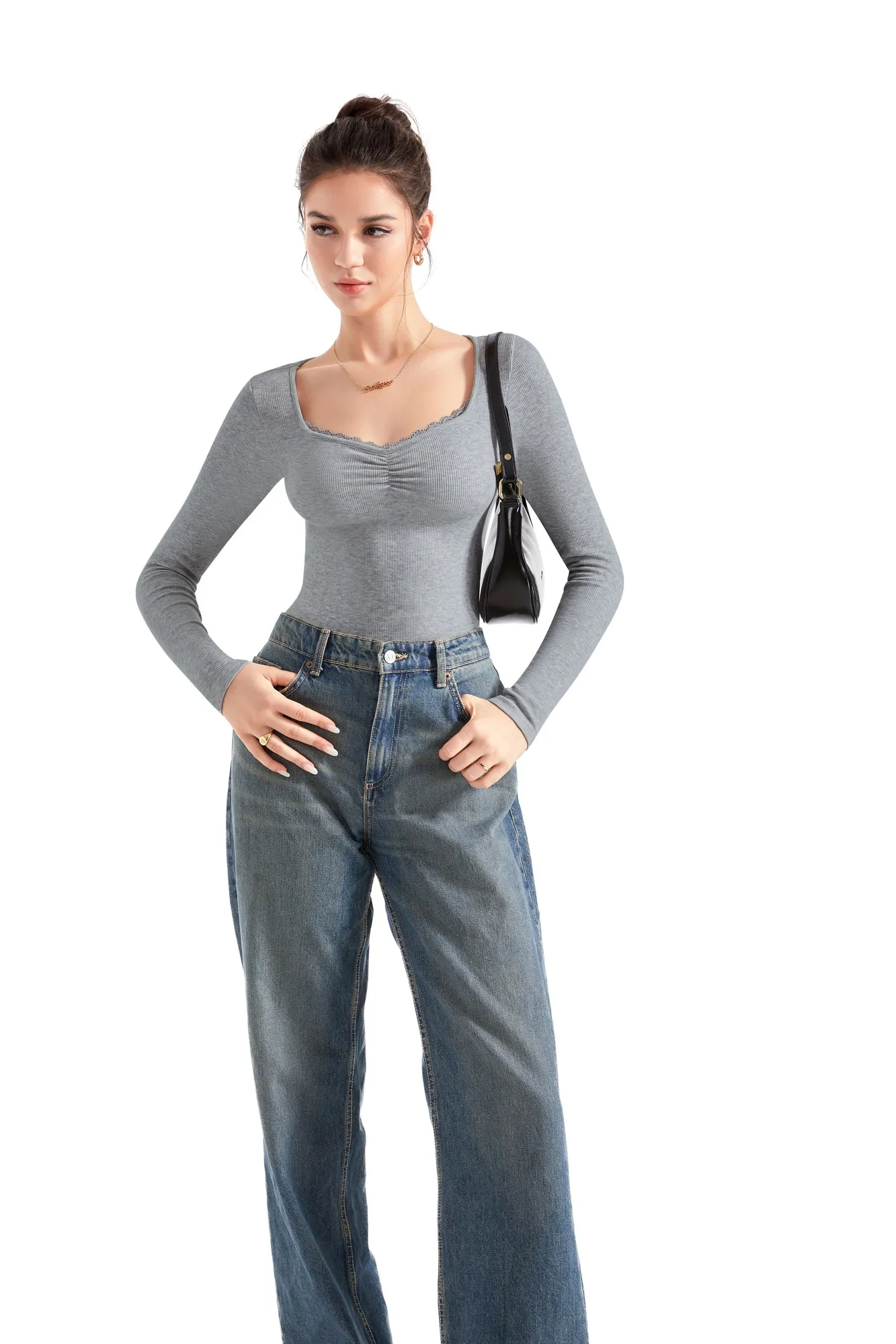 Ribbed Lace V Neck Shirt - Long Sleeve - Image 15
