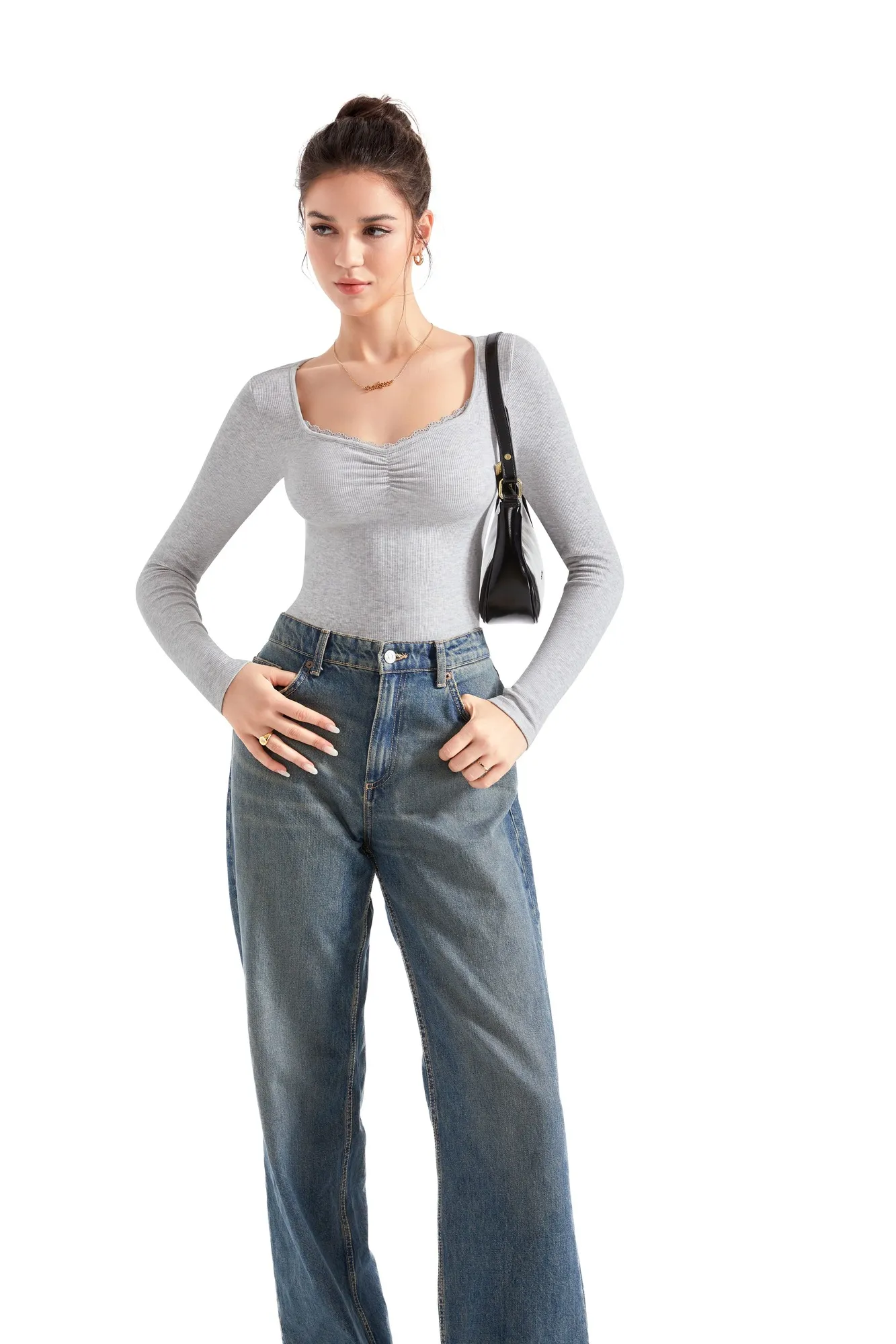 Ribbed Lace V Neck Shirt - Long Sleeve - Image 25
