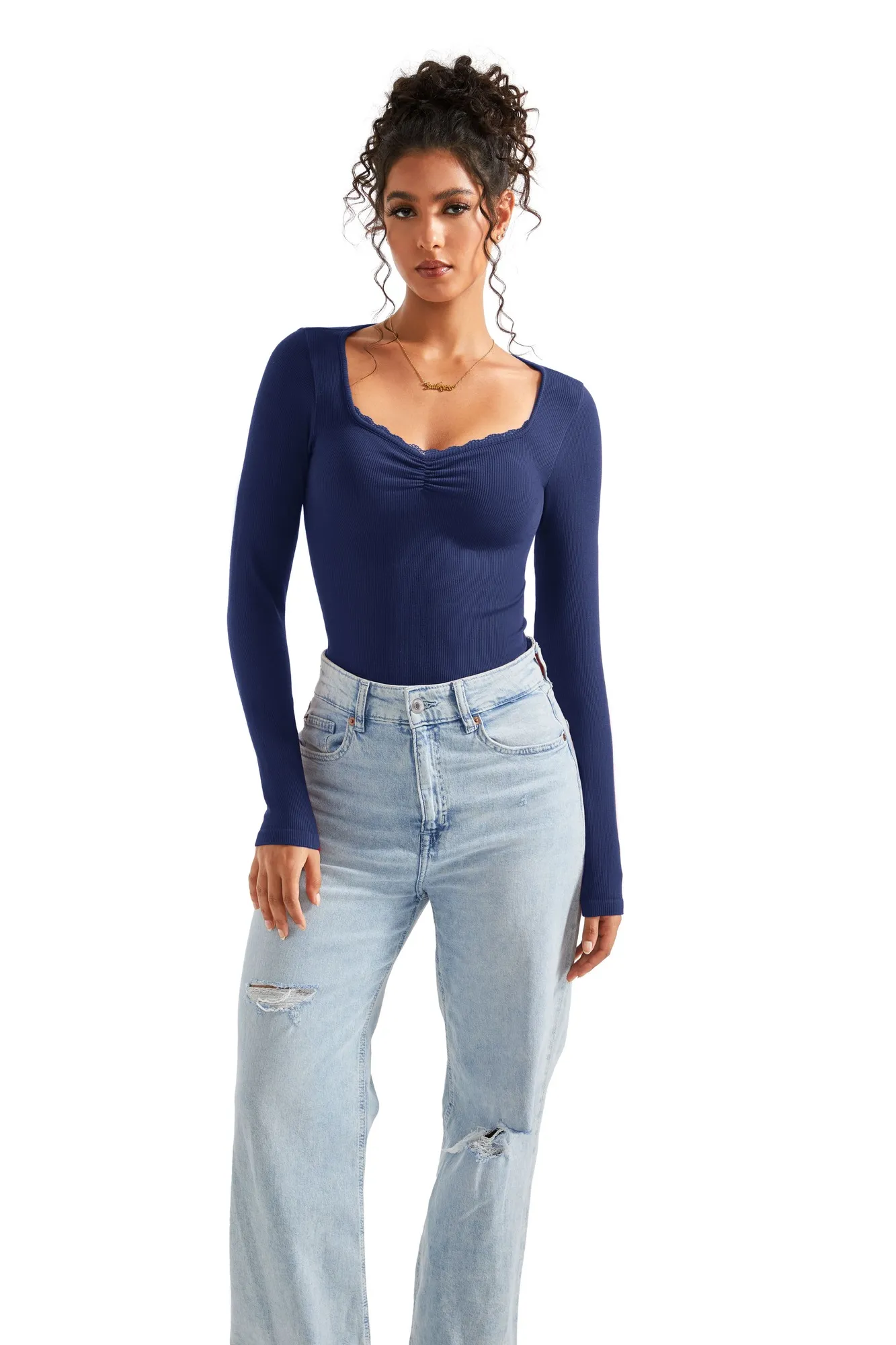 Ribbed Lace V Neck Shirt - Long Sleeve - Image 31