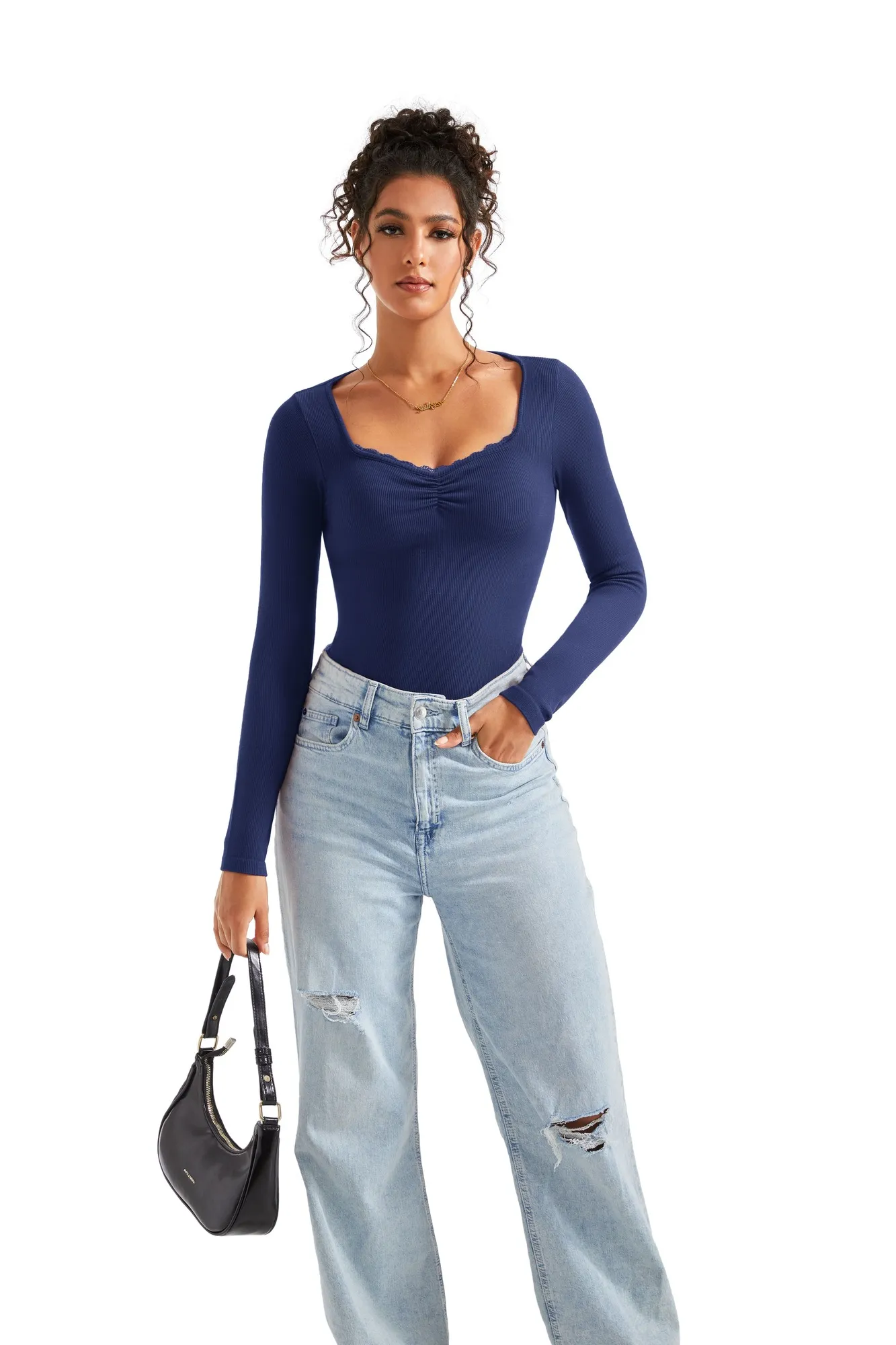 Ribbed Lace V Neck Shirt - Long Sleeve - Image 32
