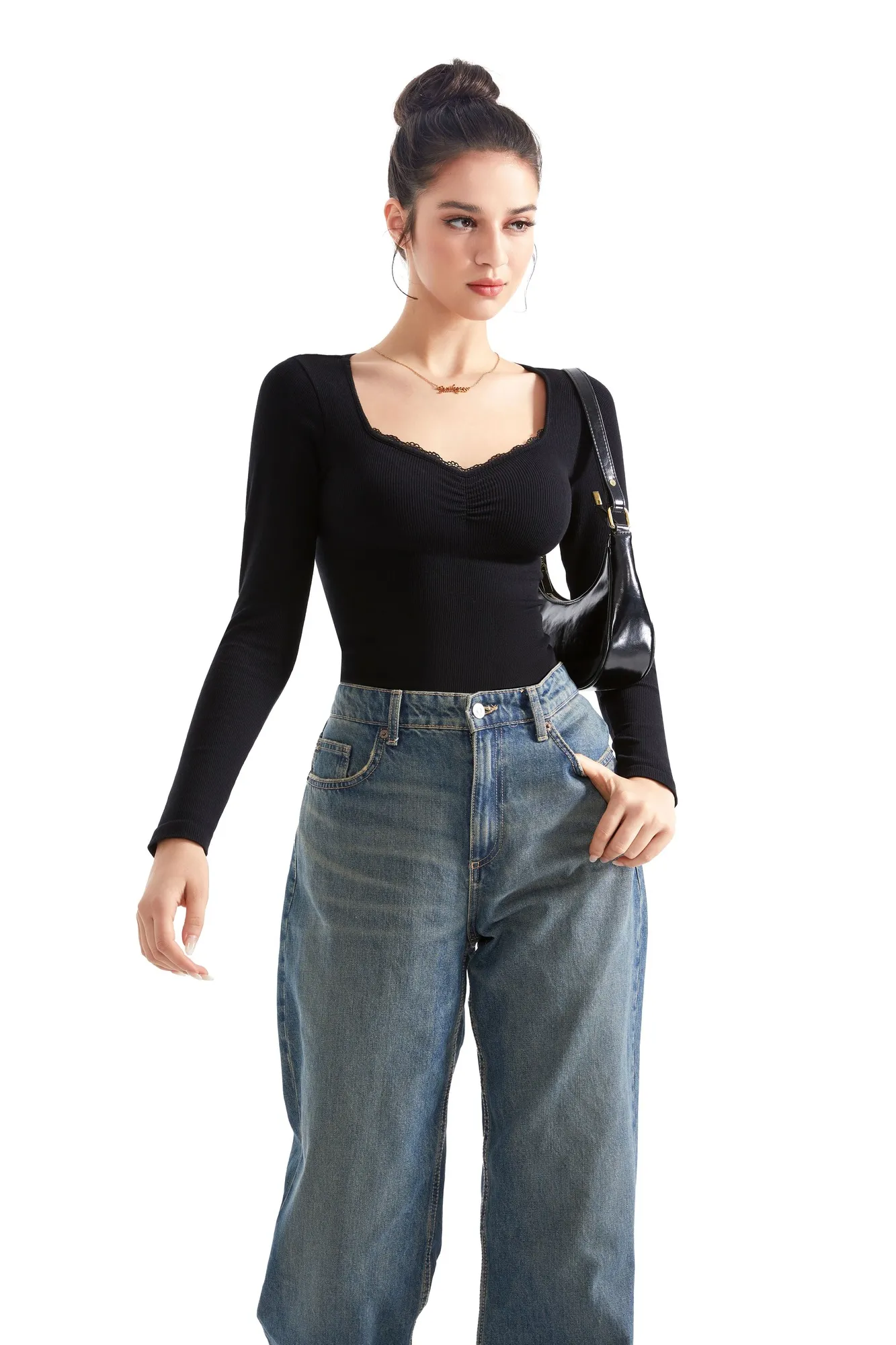 Ribbed Lace V Neck Shirt - Long Sleeve - Image 4