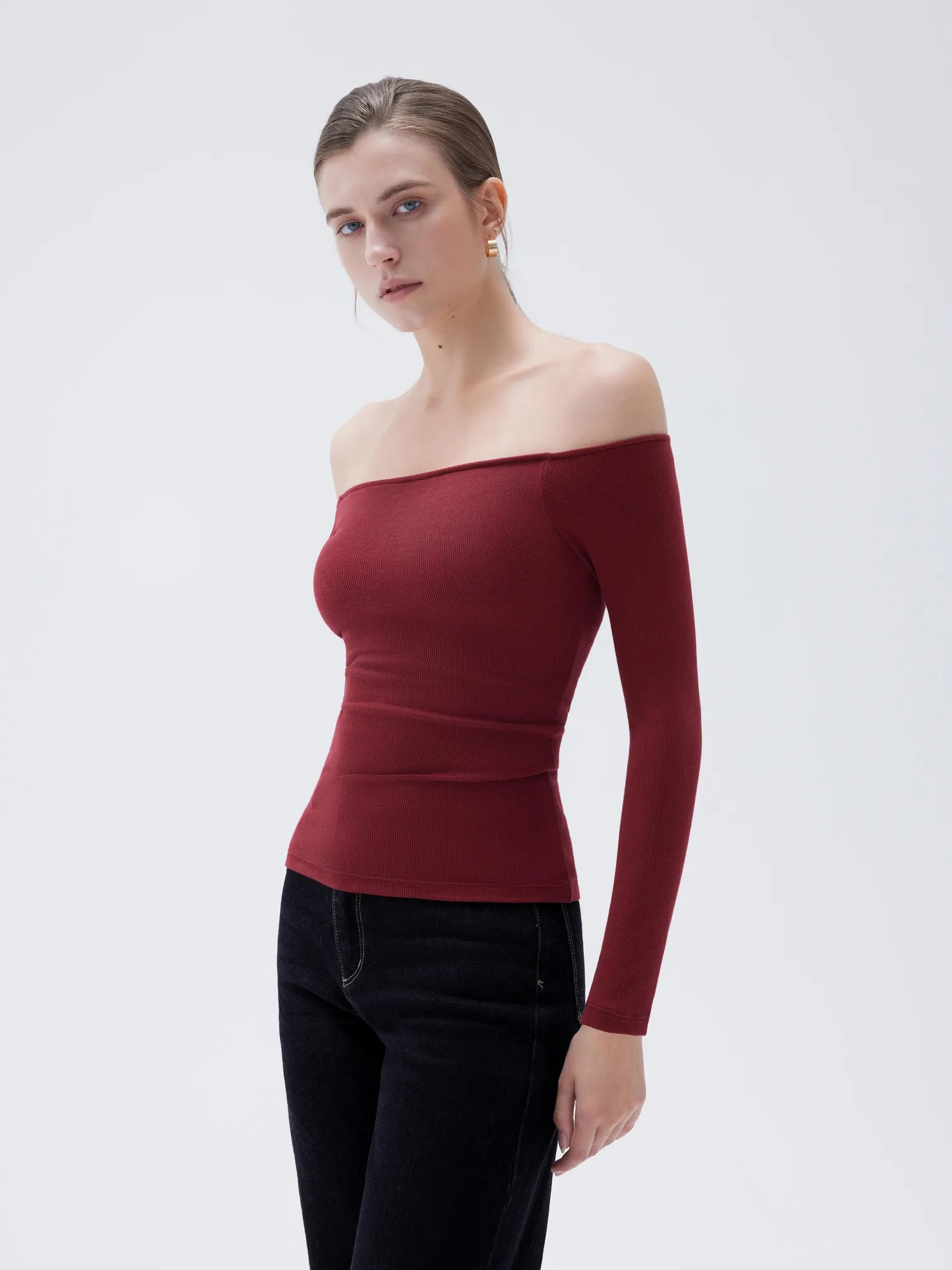 Ribbed Padded Off Shoulder Shirt - Long Sleeve - Image 34