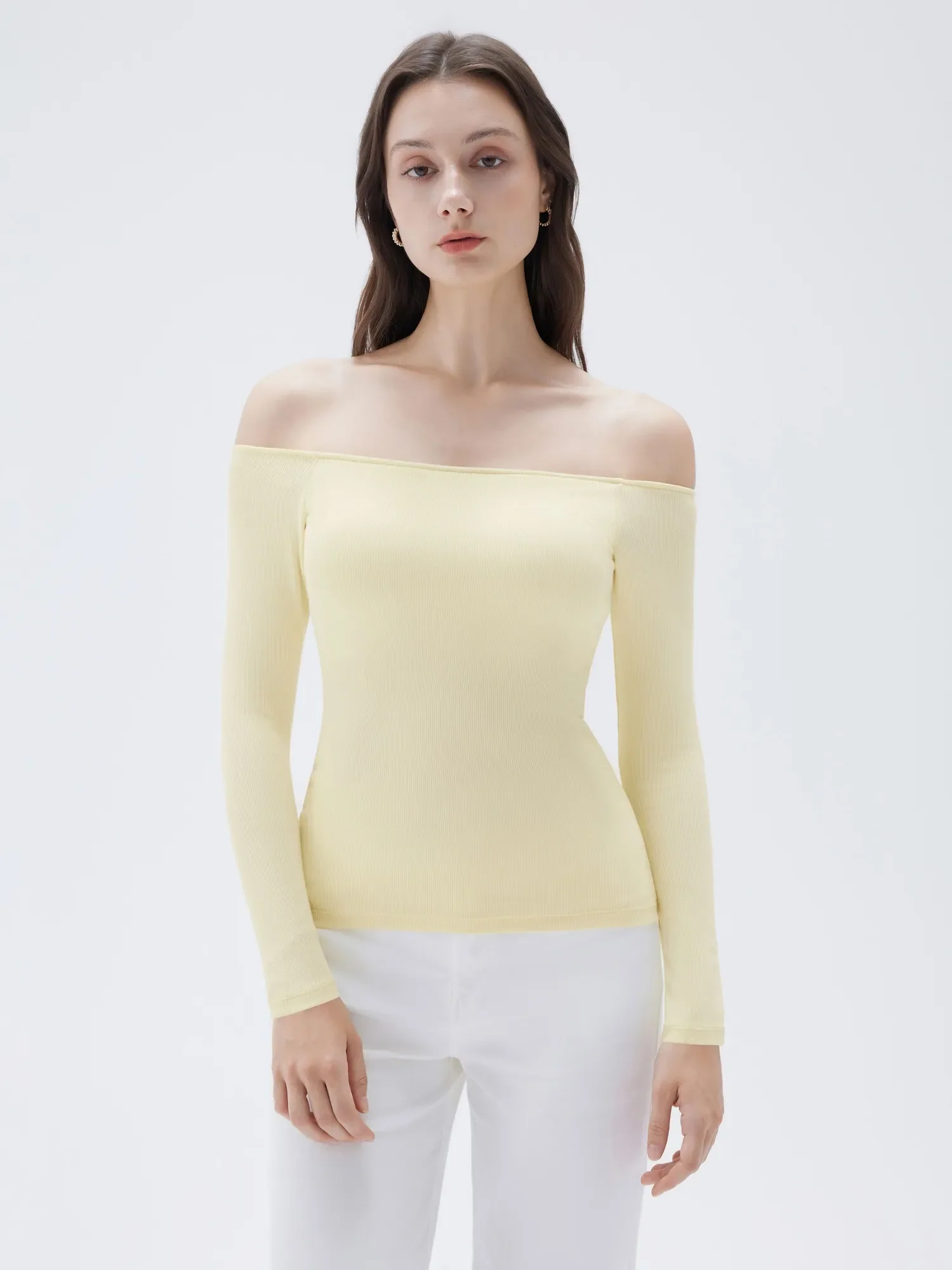 Ribbed Padded Off Shoulder Shirt - Long Sleeve - Image 40