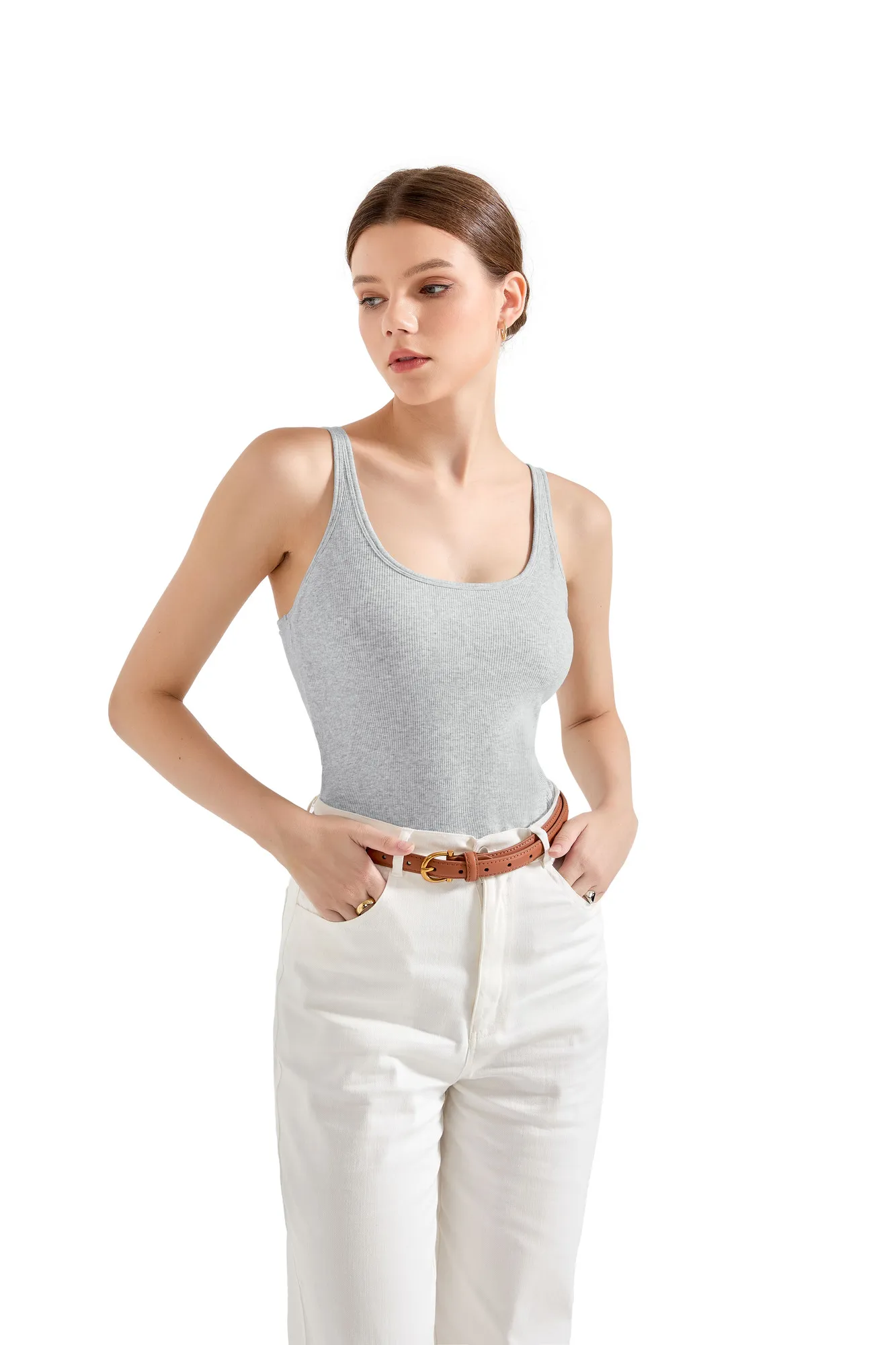 Cotton Ribbed U Neck Tank Top - Image 33