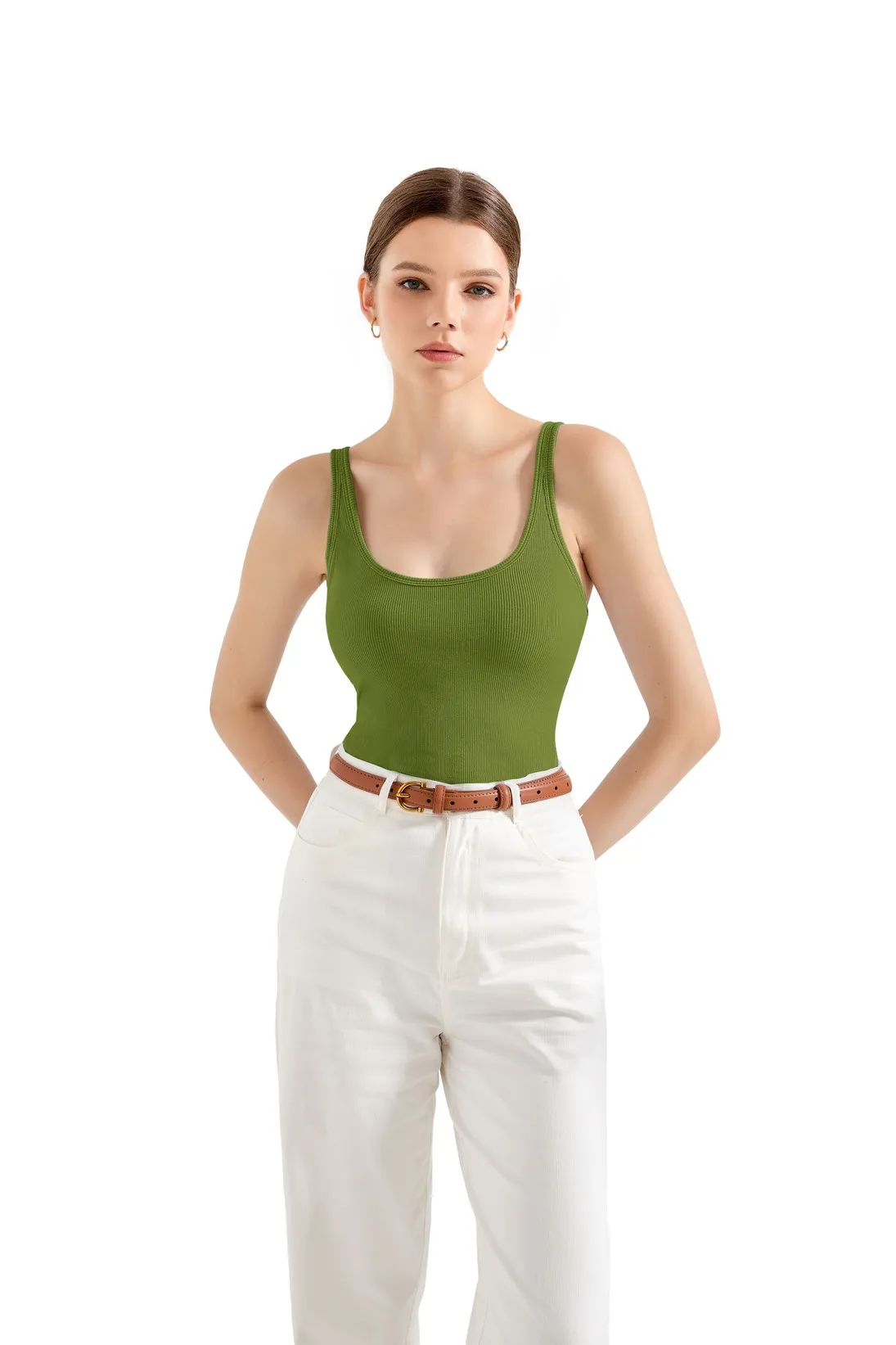 Cotton Ribbed U Neck Tank Top - Image 59