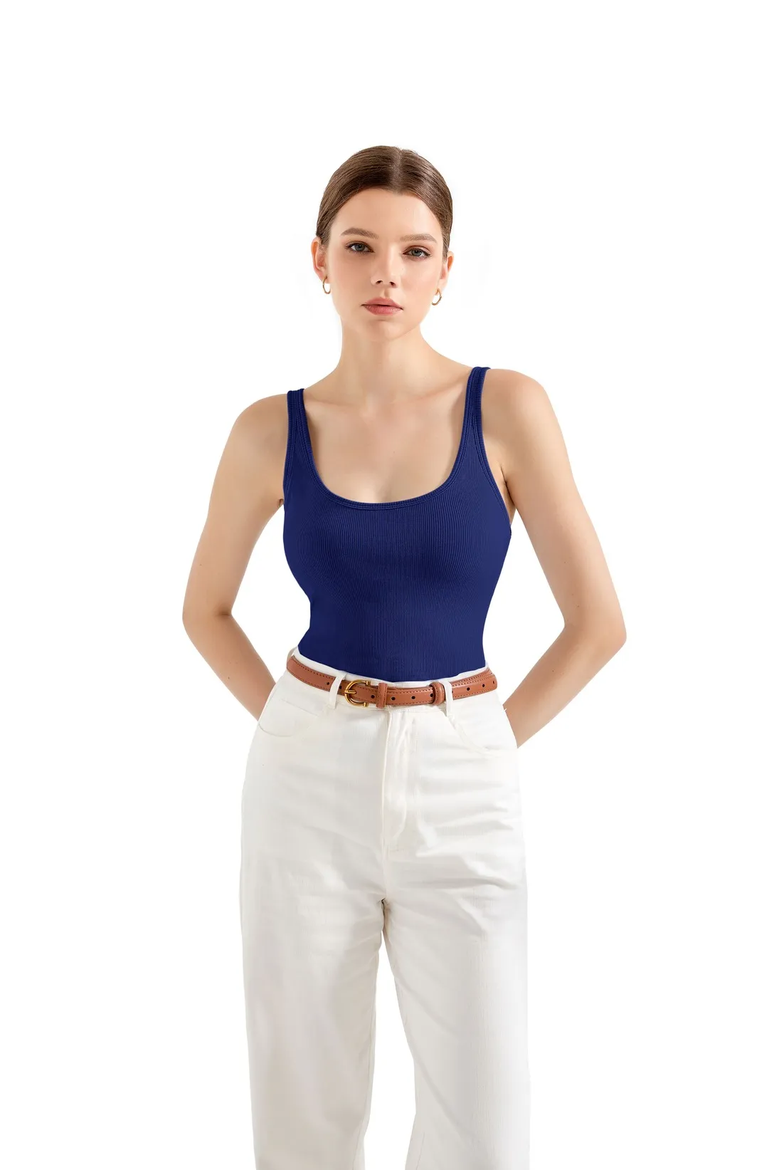 Cotton Ribbed U Neck Tank Top - Image 73