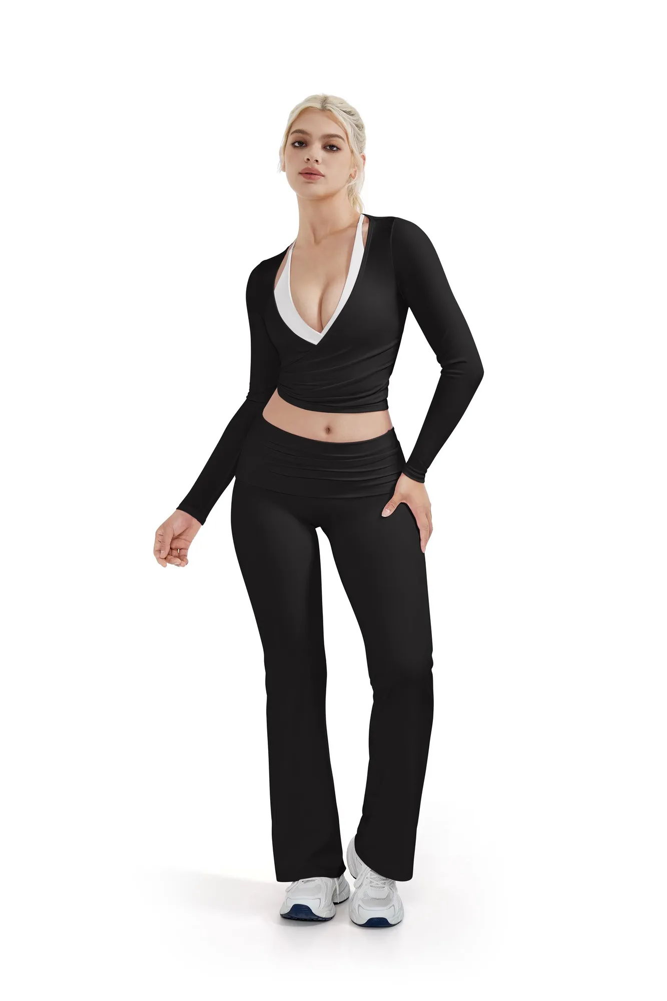 Ribbed Wrap Front Tie V Neck Shirt - Long Sleeve - Image 10