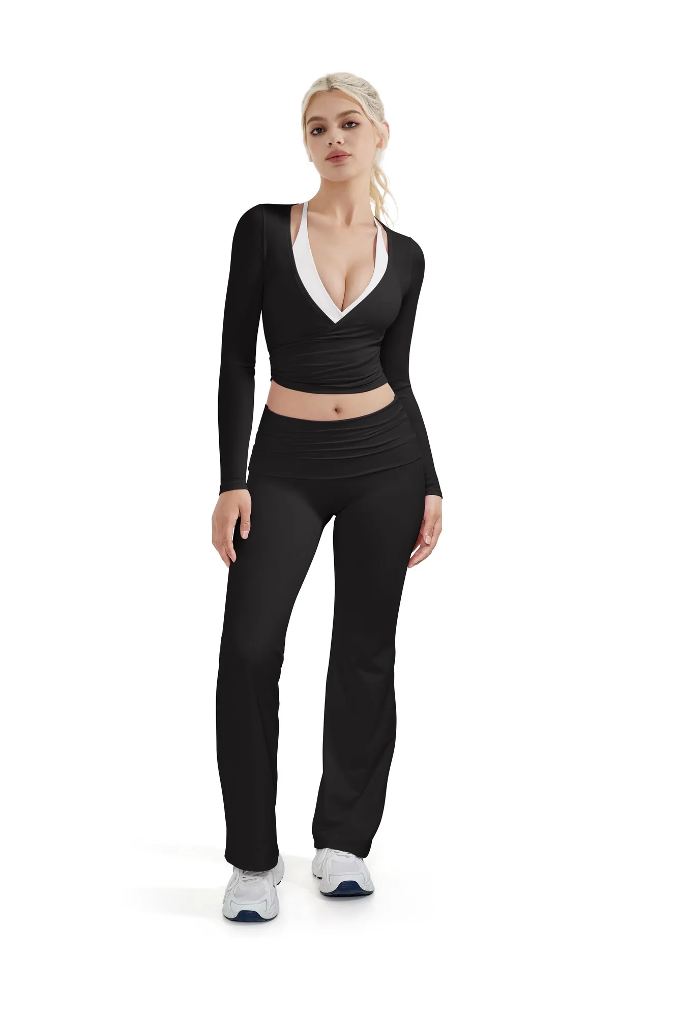 Ribbed Wrap Front Tie V Neck Shirt - Long Sleeve - Image 11