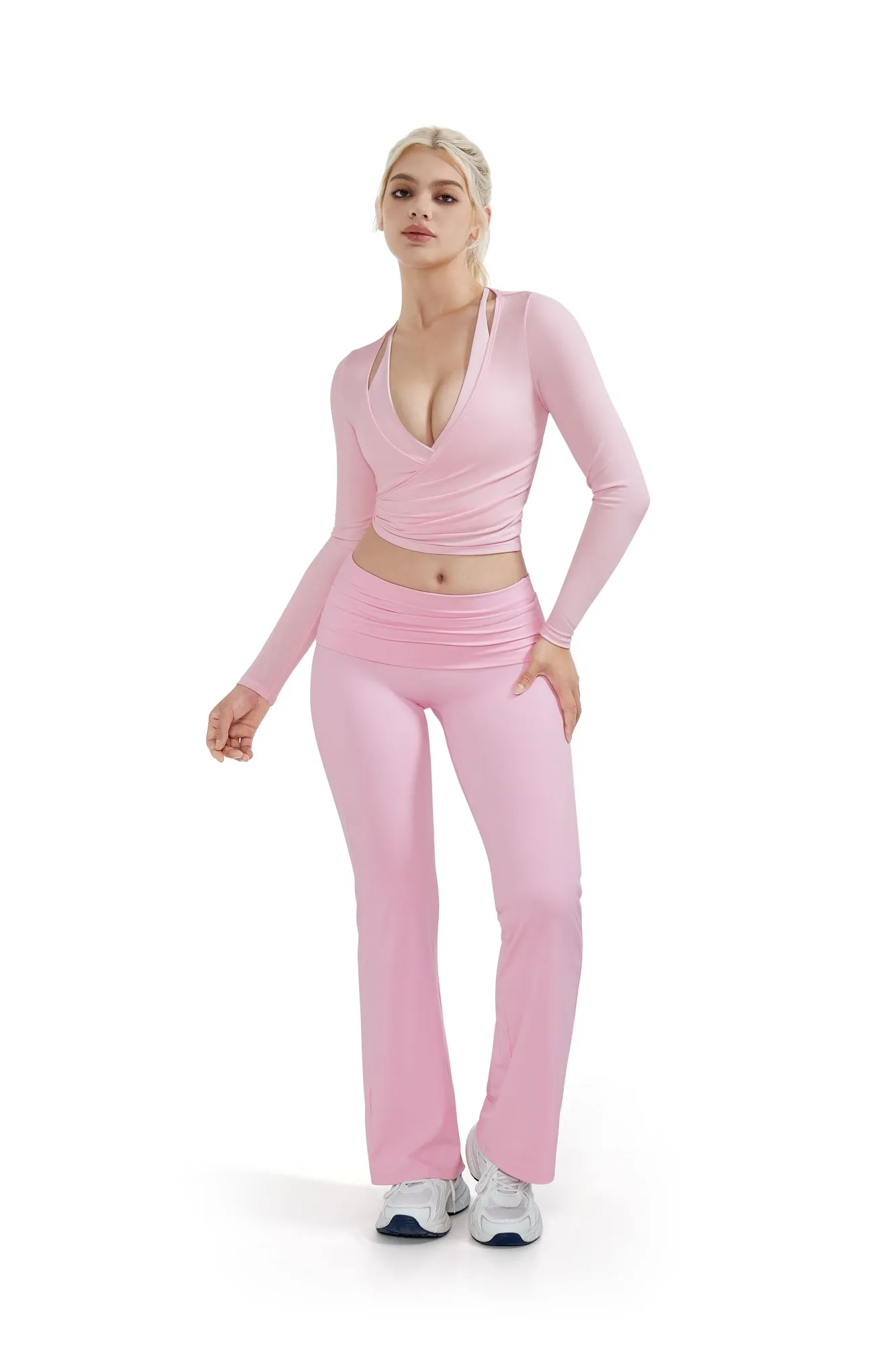 Ribbed Wrap Front Tie V Neck Shirt - Long Sleeve - Image 18