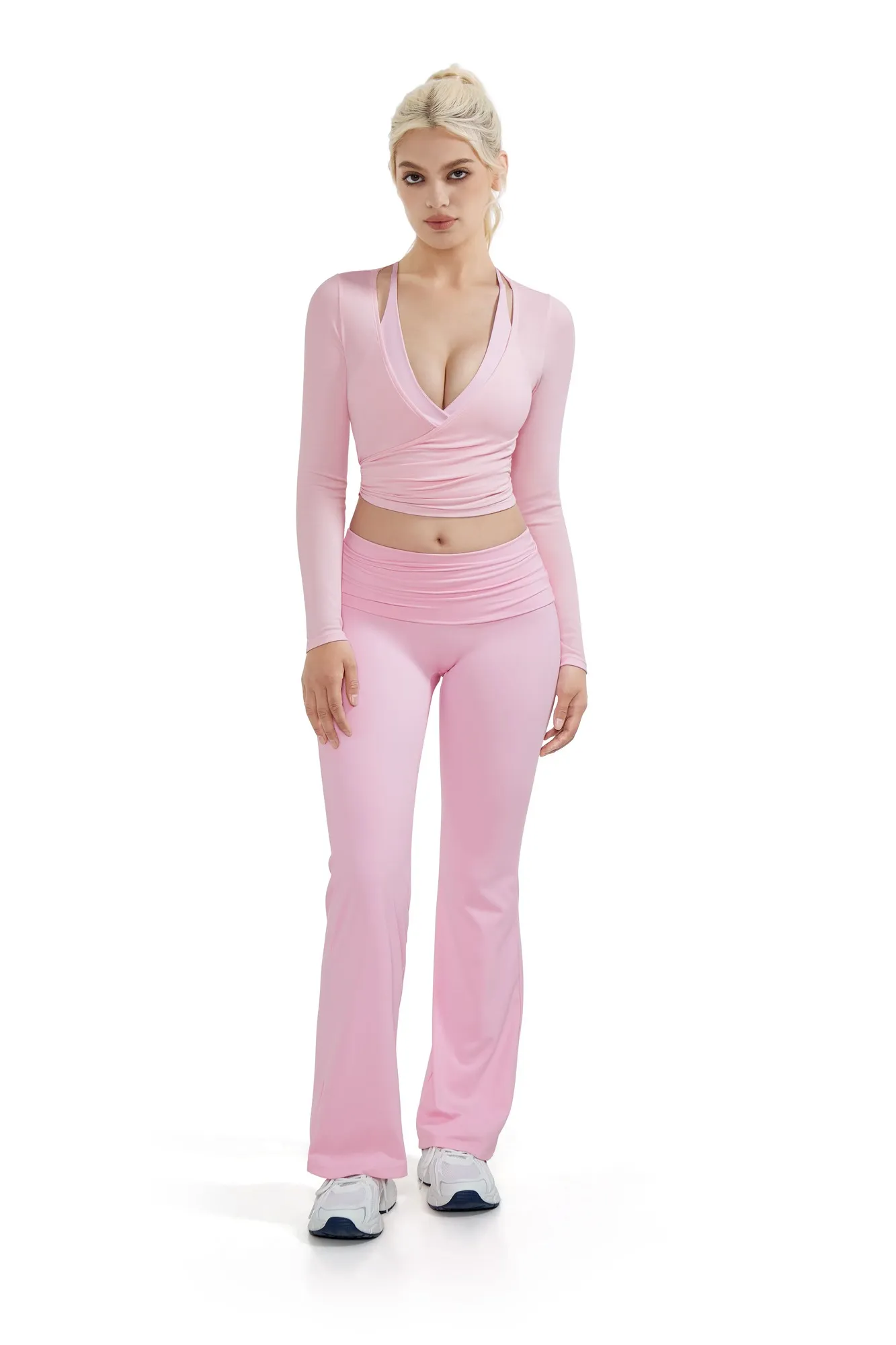 Ribbed Wrap Front Tie V Neck Shirt - Long Sleeve - Image 20