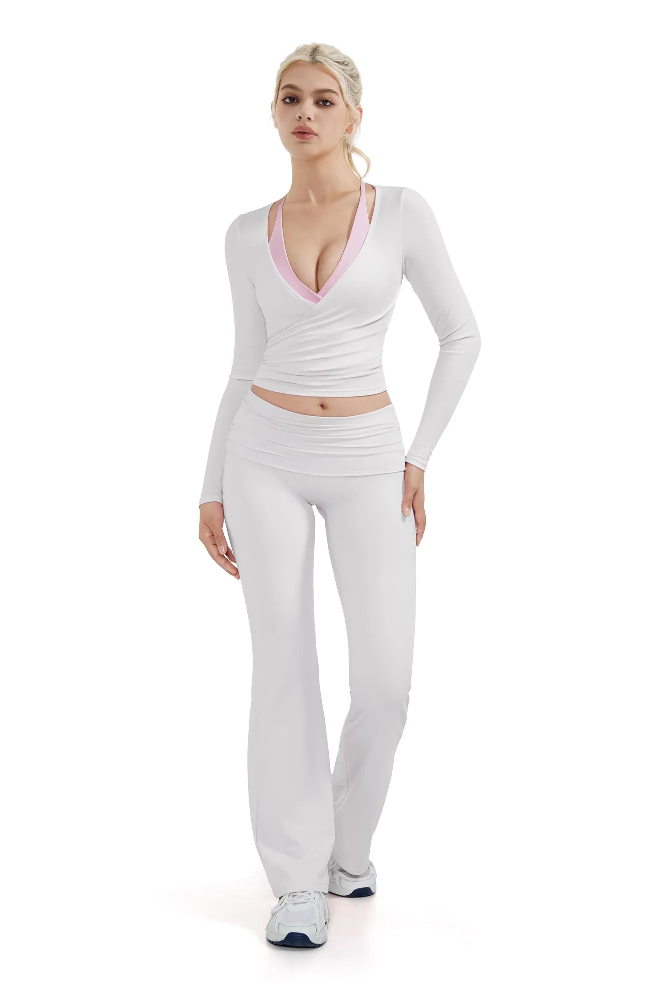 Ribbed Wrap Front Tie V Neck Shirt - Long Sleeve - Image 23