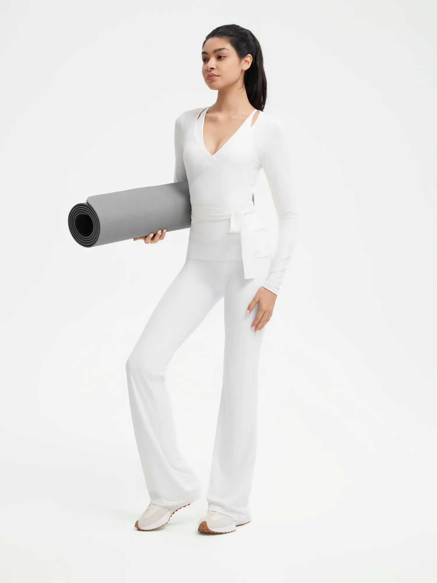 Ribbed Wrap Front Tie V Neck Shirt - Long Sleeve - Image 25