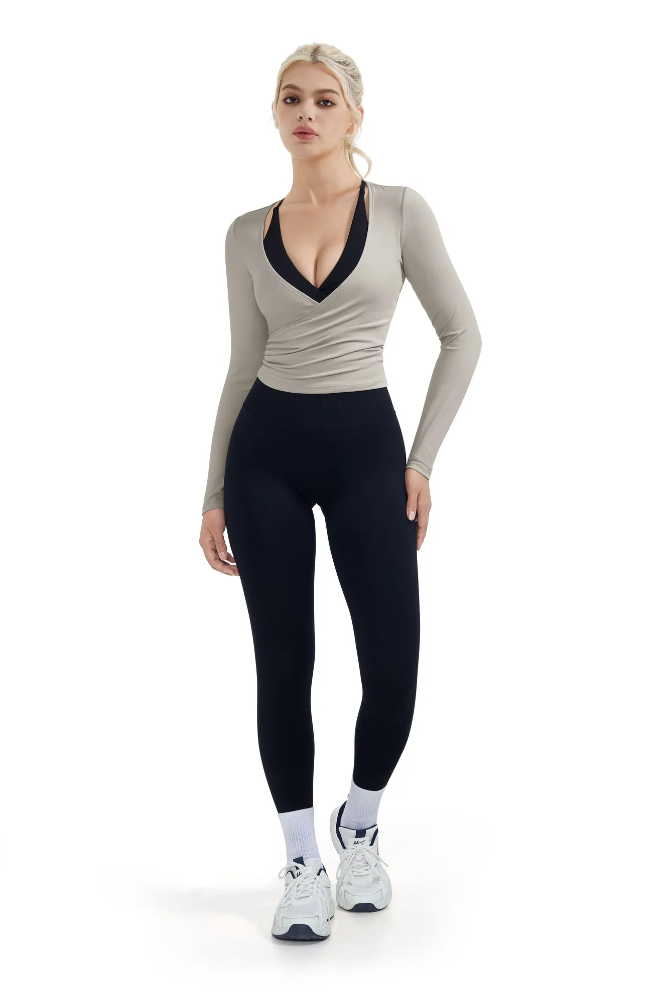 Ribbed Wrap Front Tie V Neck Shirt - Long Sleeve - Image 3