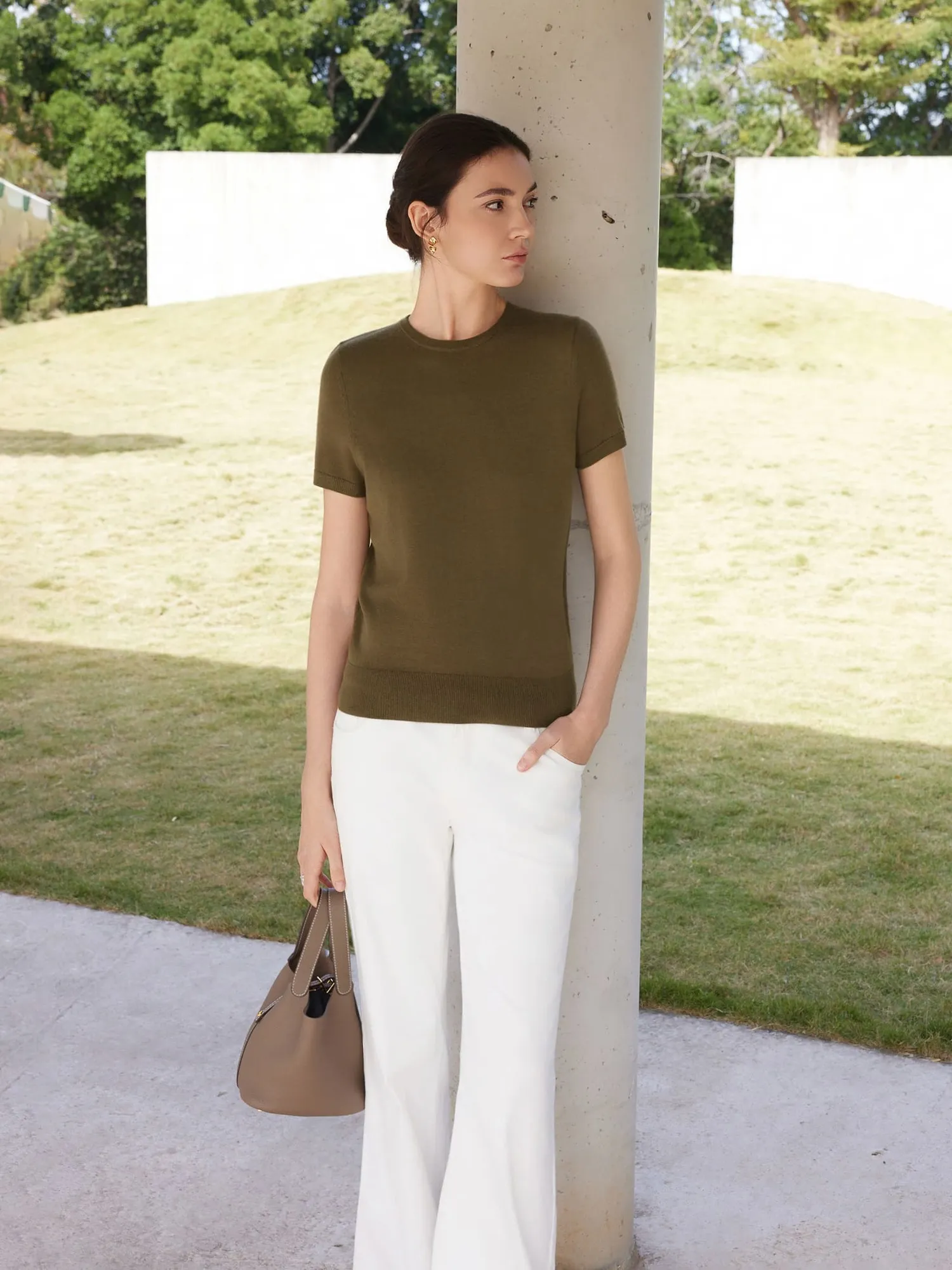 Cashmere Silk Blend Crew Neck Spring Sweater - Short Sleeve - Image 40