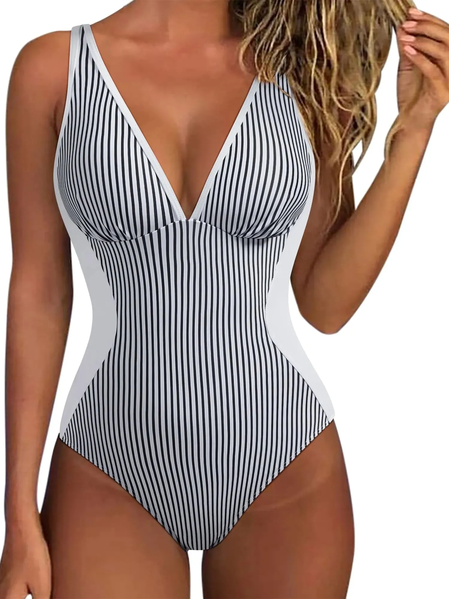 Slimming Tummy Control Deep V Neck Bathing Suit - Image 43