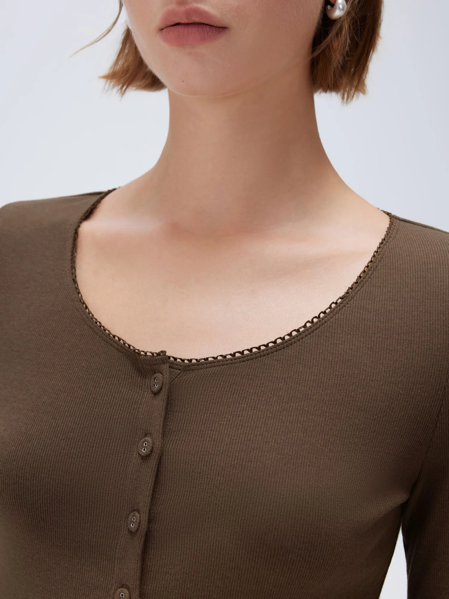 Cotton Ribbed Lace Crew Neck Shirt - Long Sleeve - Image 10
