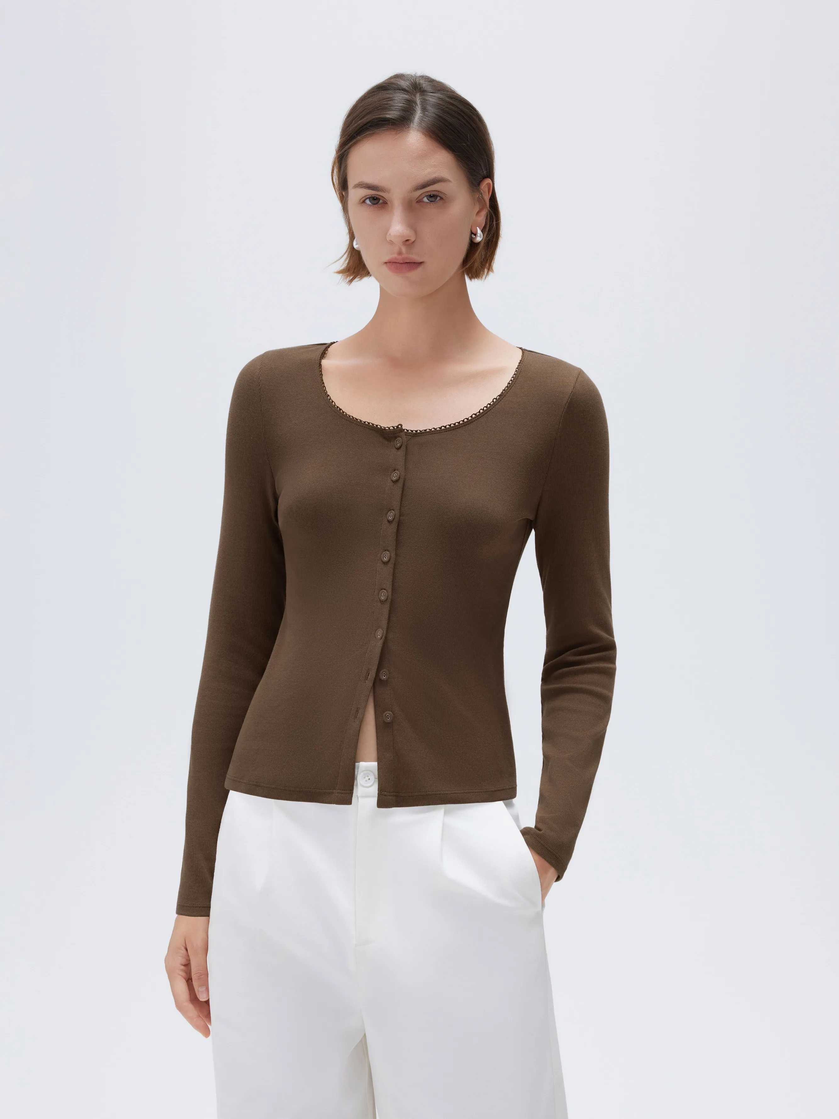 Cotton Ribbed Lace Crew Neck Shirt - Long Sleeve - Image 12