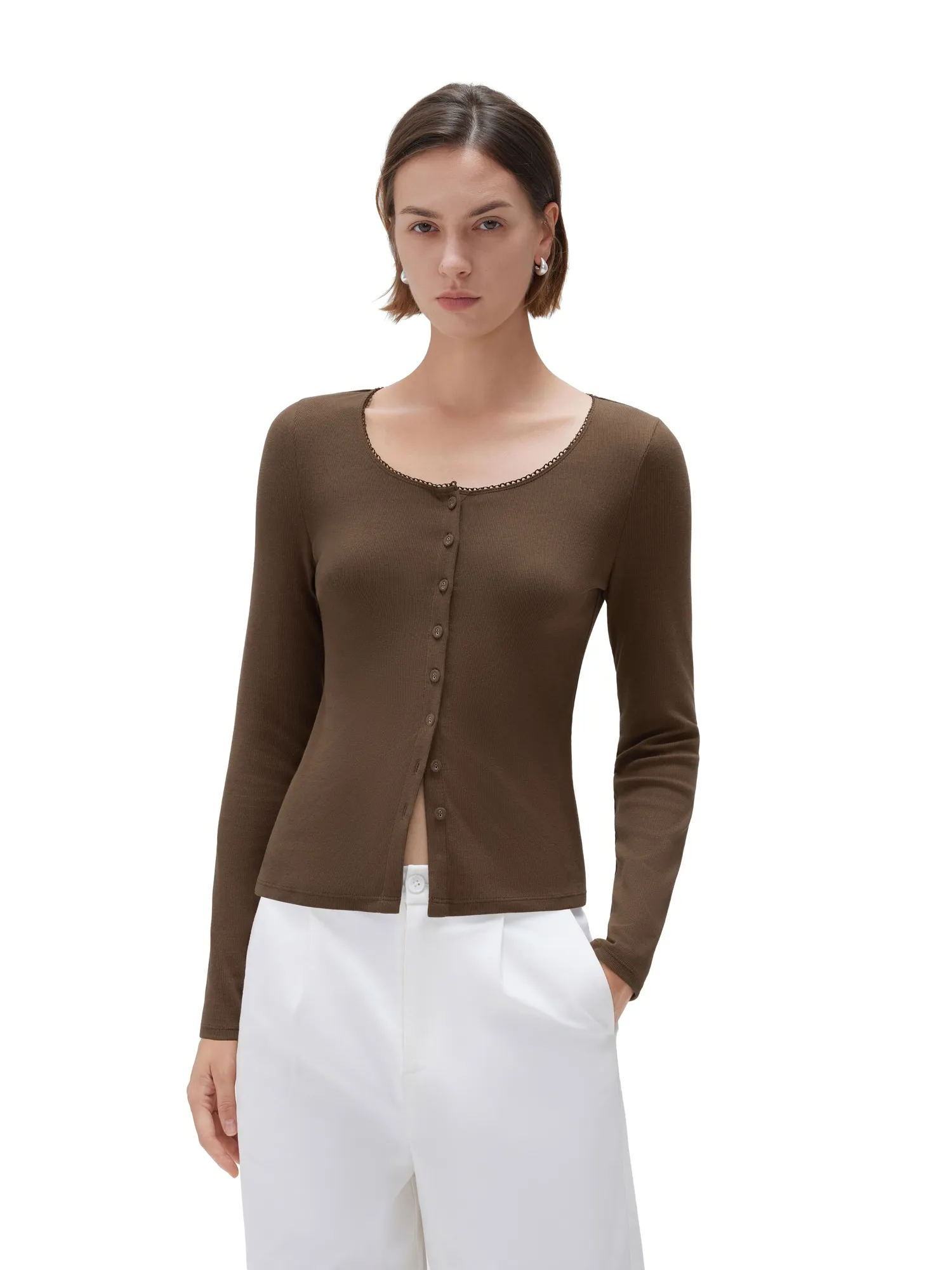 Cotton Ribbed Lace Crew Neck Shirt - Long Sleeve - Image 13