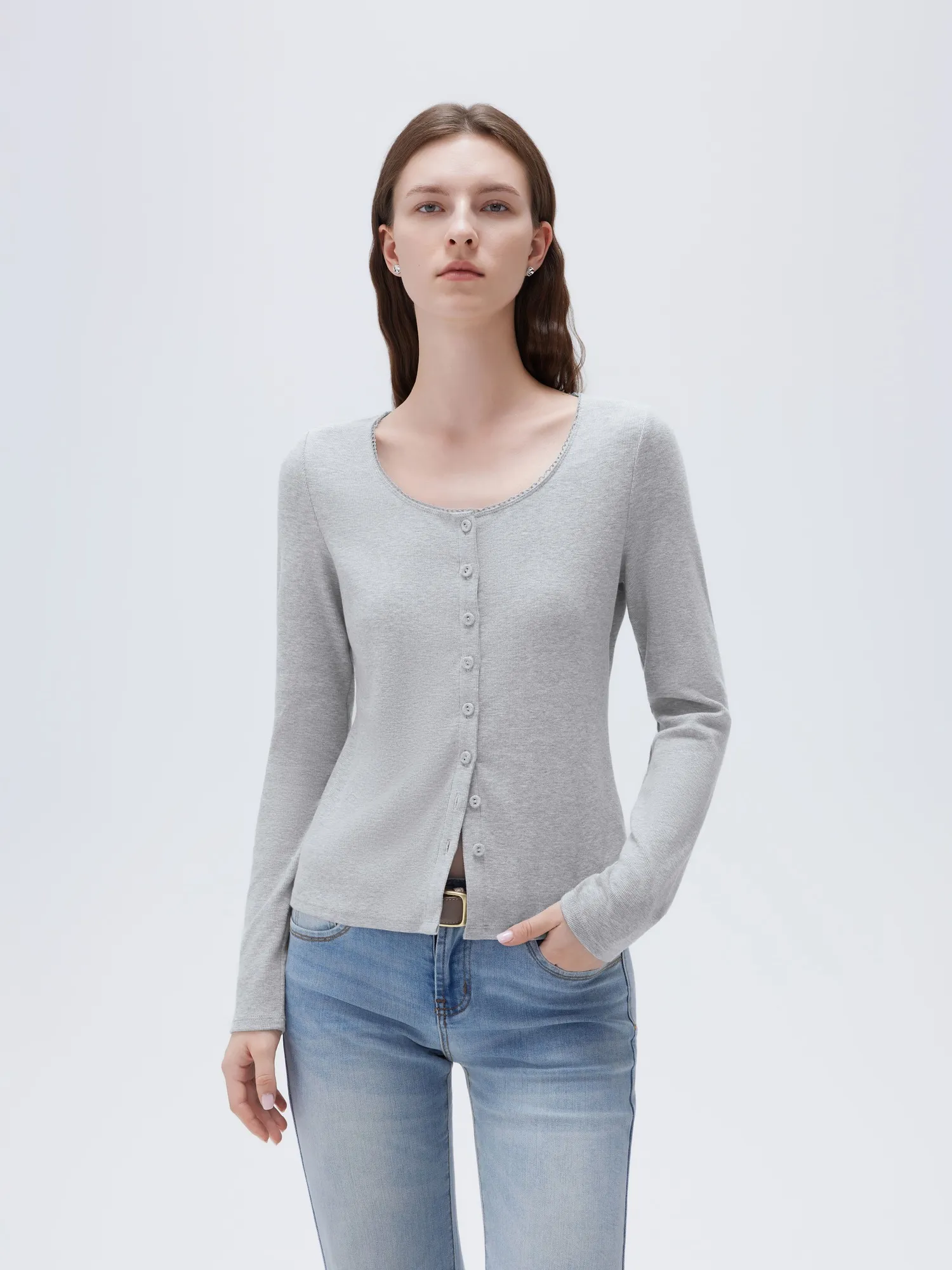 Cotton Ribbed Lace Crew Neck Shirt - Long Sleeve - Image 14
