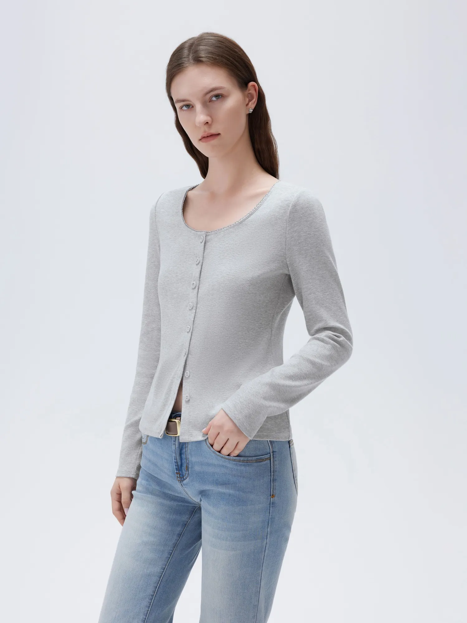 Cotton Ribbed Lace Crew Neck Shirt - Long Sleeve - Image 15