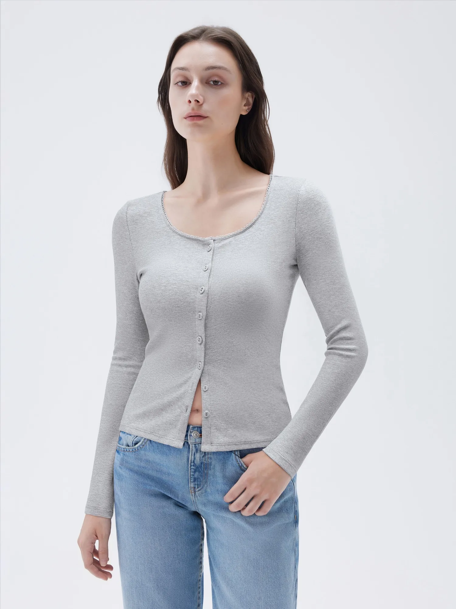 Cotton Ribbed Lace Crew Neck Shirt - Long Sleeve - Image 16