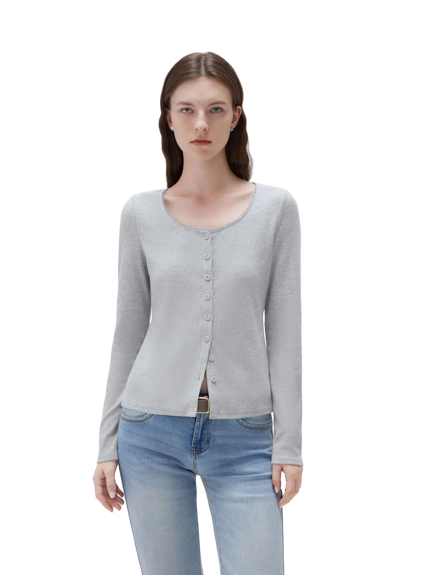 Cotton Ribbed Lace Crew Neck Shirt - Long Sleeve - Image 17