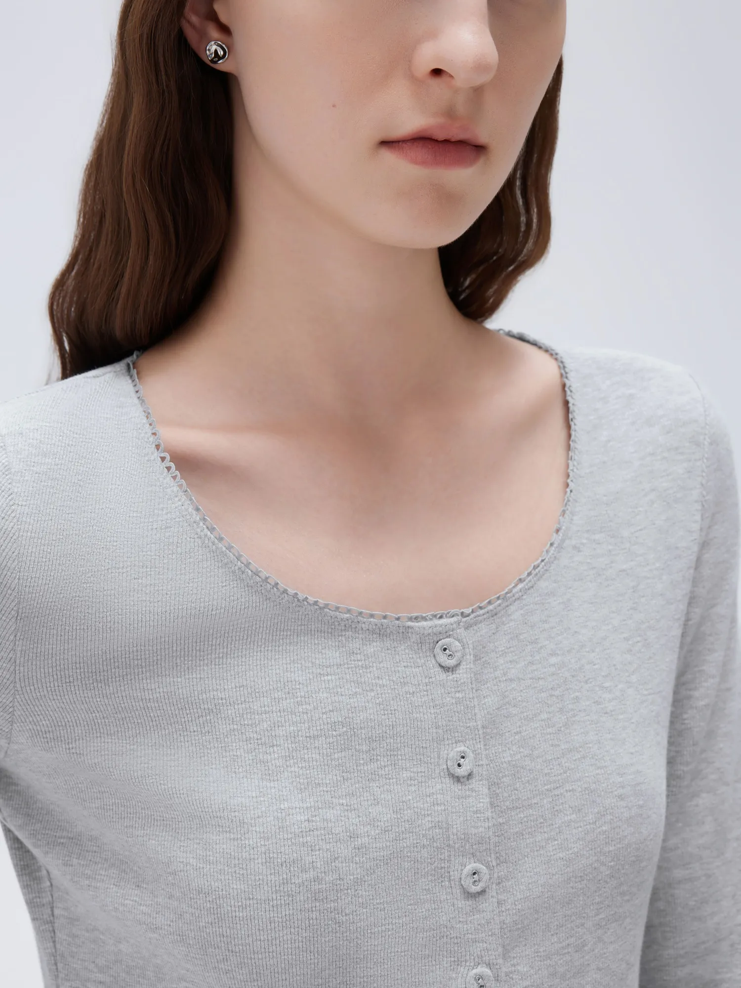 Cotton Ribbed Lace Crew Neck Shirt - Long Sleeve - Image 19