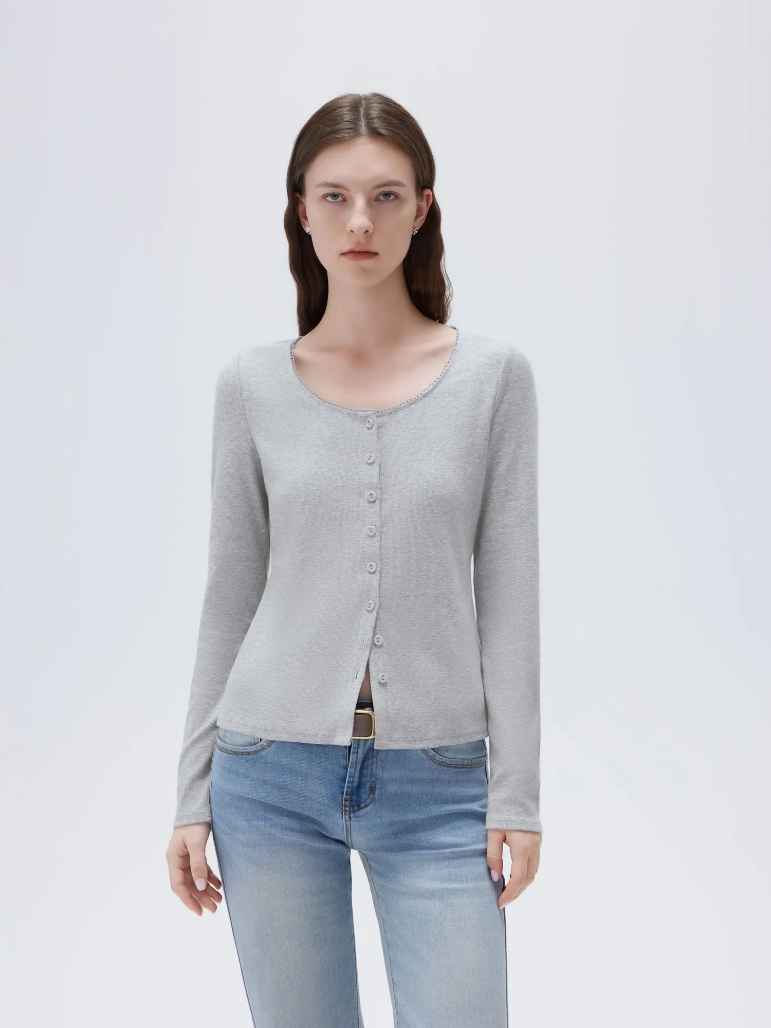 Cotton Ribbed Lace Crew Neck Shirt - Long Sleeve - Image 20