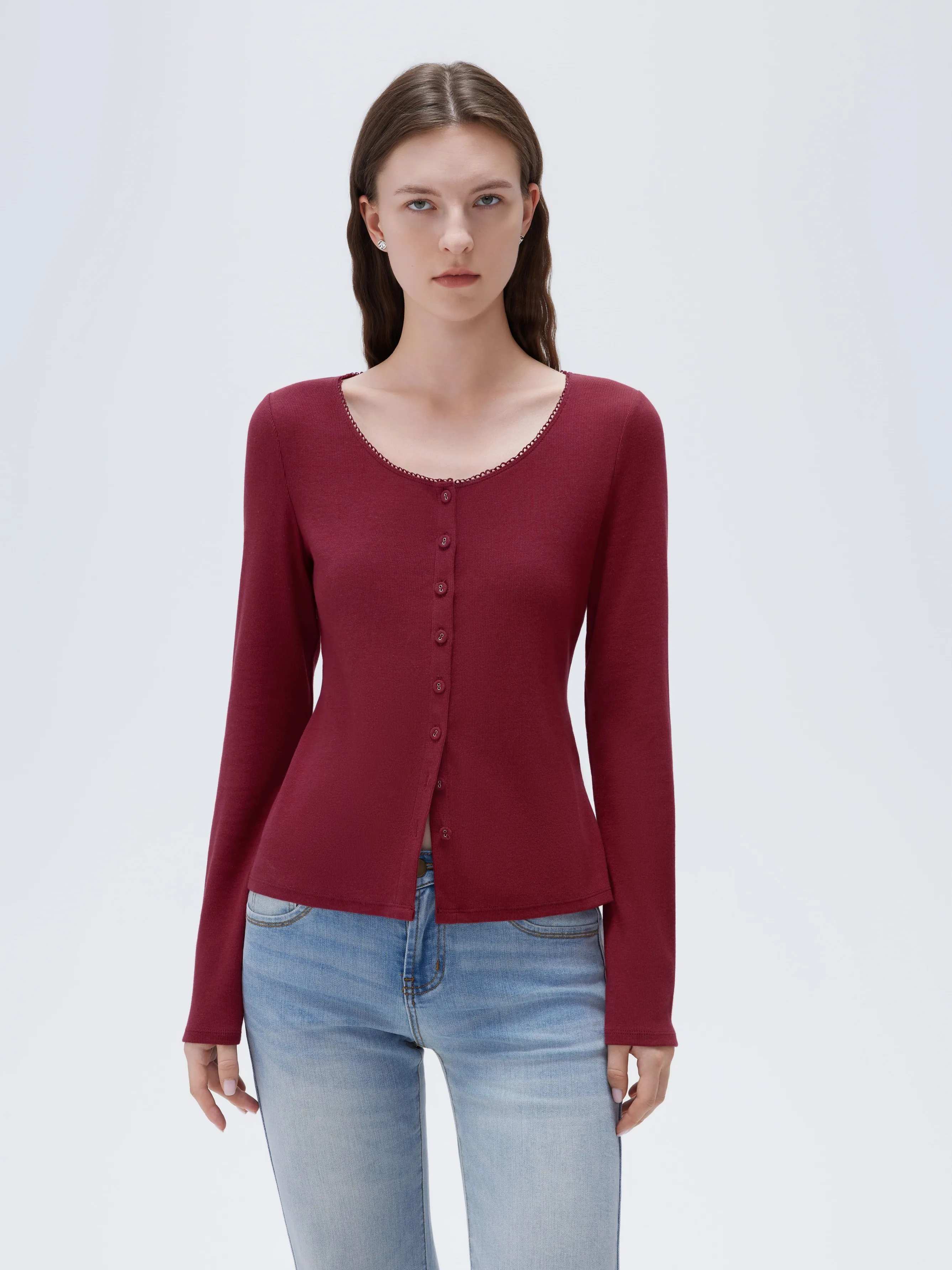 Cotton Ribbed Lace Crew Neck Shirt - Long Sleeve - Image 22