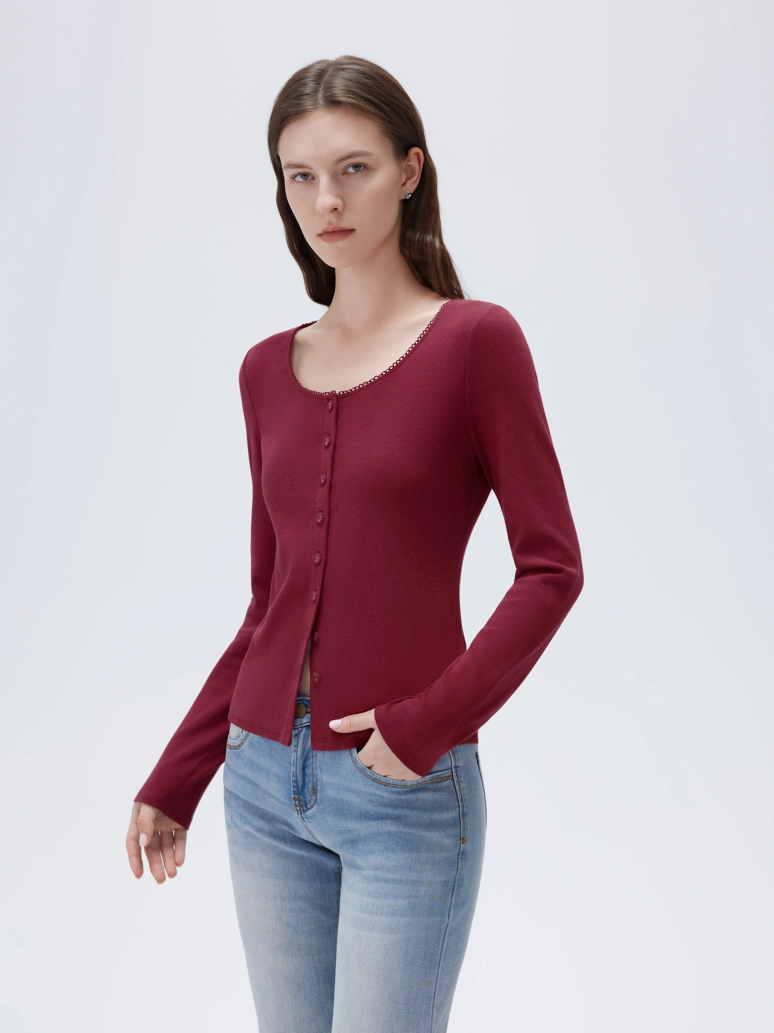 Cotton Ribbed Lace Crew Neck Shirt - Long Sleeve - Image 23