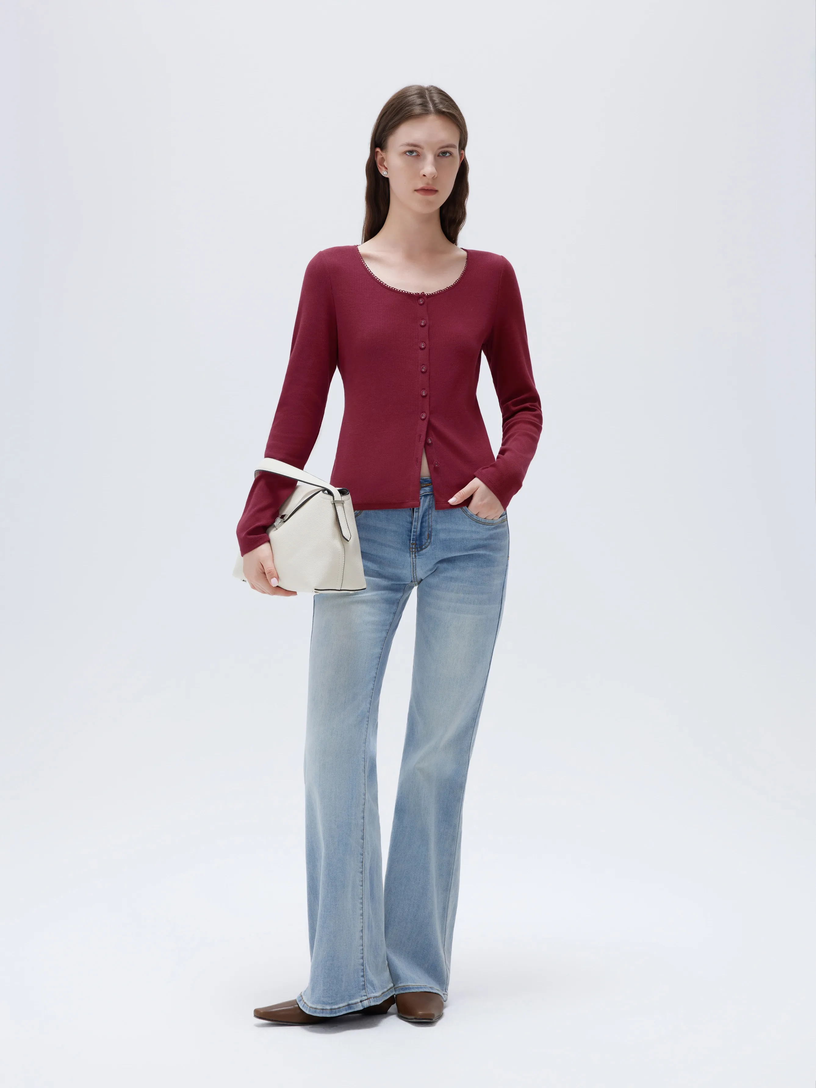 Cotton Ribbed Lace Crew Neck Shirt - Long Sleeve - Image 25